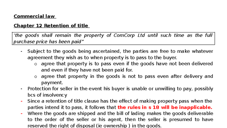 Commercial Law (CL 101) Chapter 12: Retention of Title Explained - Studocu