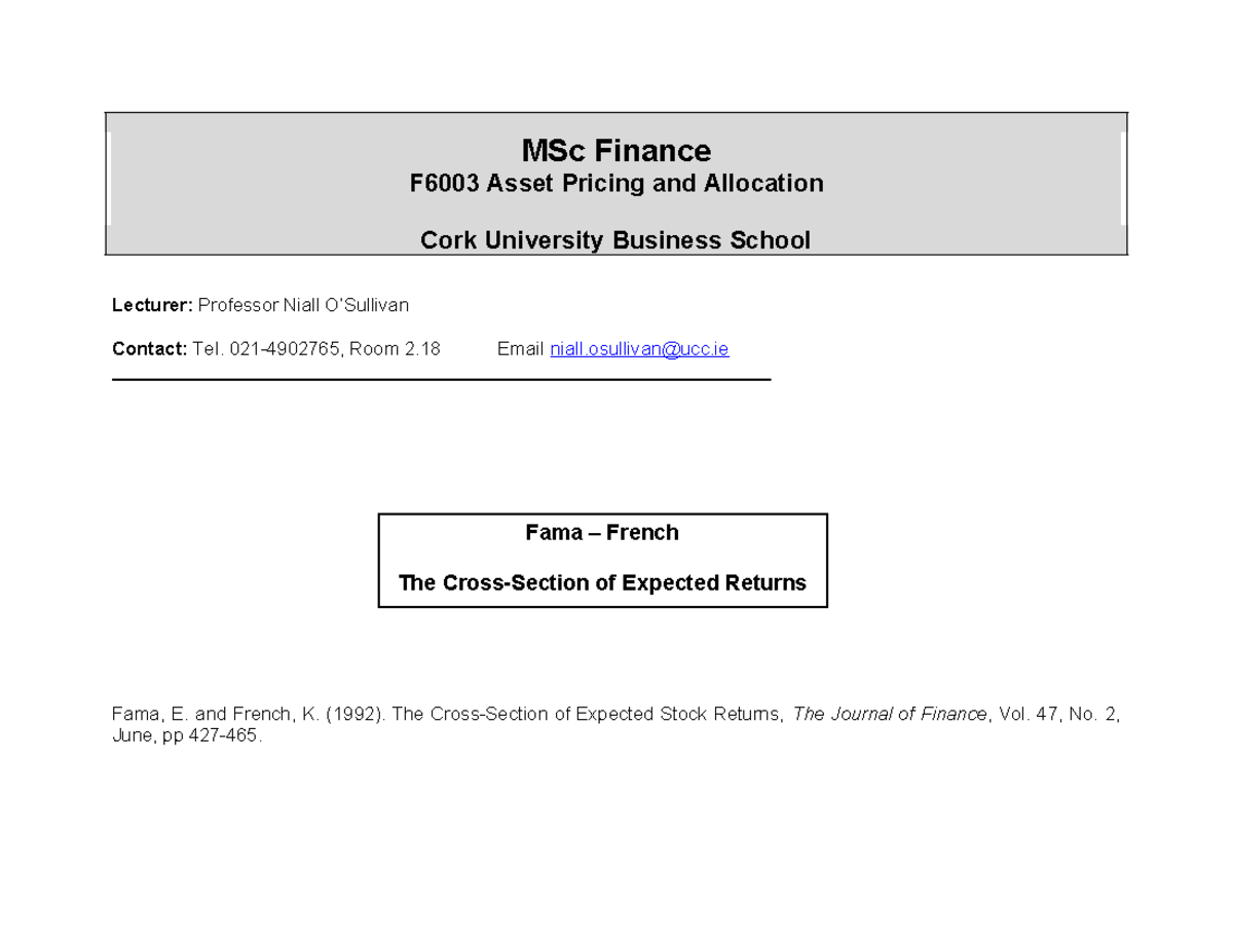 MSc F6003 Asset Pricing: Fama-French Model & Expected Returns Analysis ...