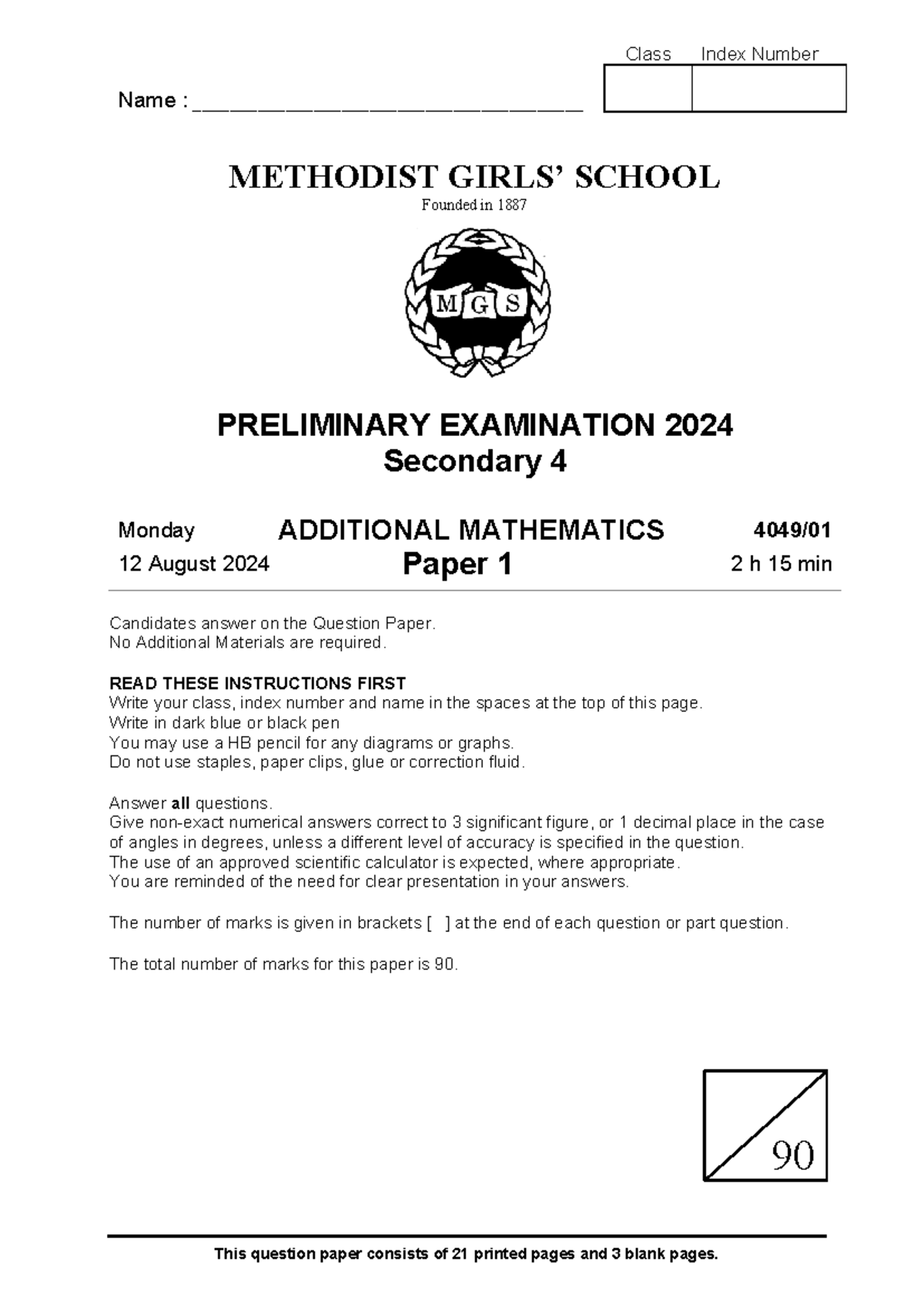 A-Math Sec 4 Preliminary Exam Paper 2024 - Methodist School - Studocu