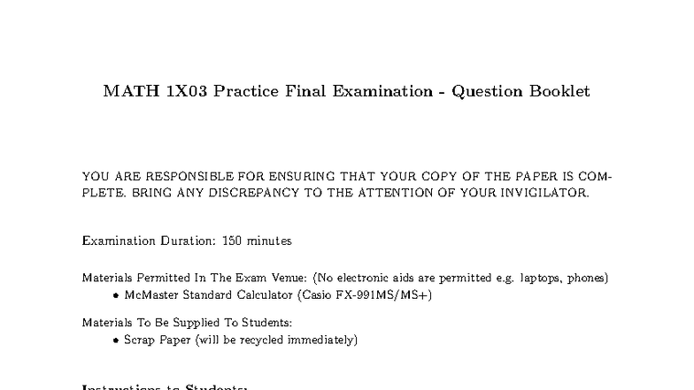 Math 1X03 Practice Final Exam Question Booklet - Studocu