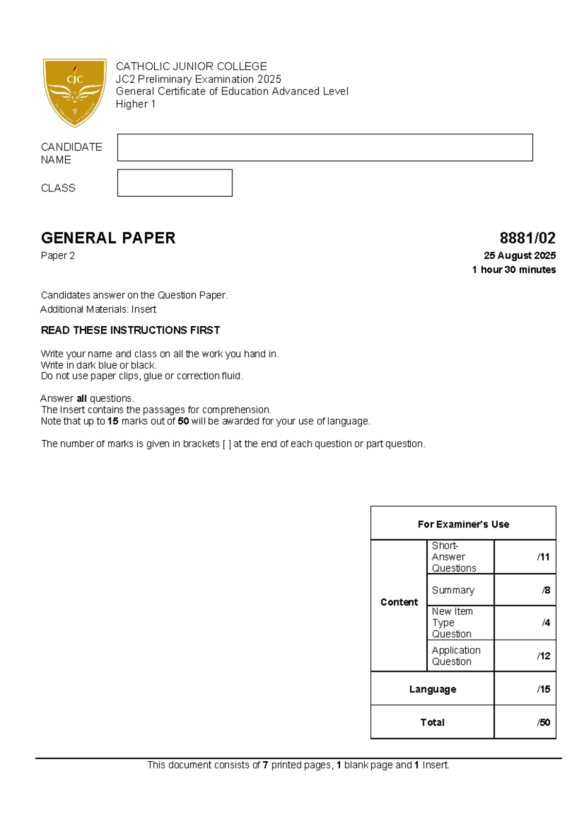 2025 JC2 GP Preliminary Exam Paper 2 - Answer Booklet - Studocu