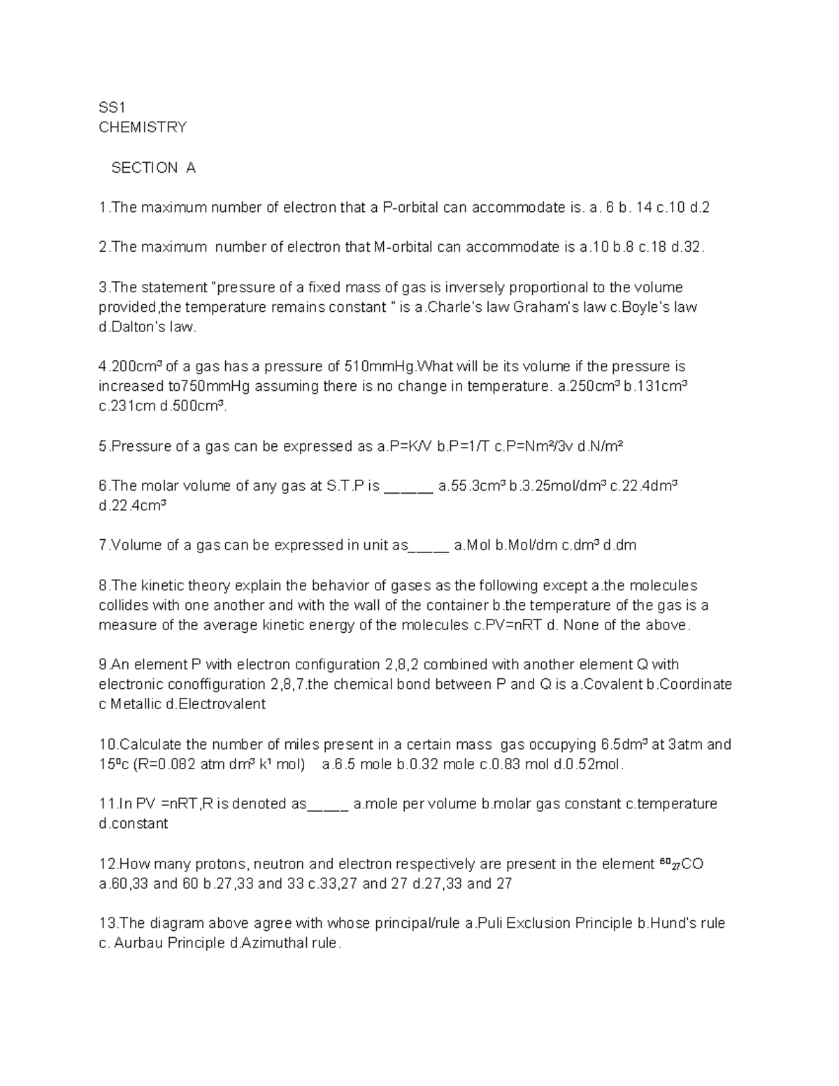SS1 CHEMISTRY 1122: Section A & B Exam Questions and Answers - Studocu