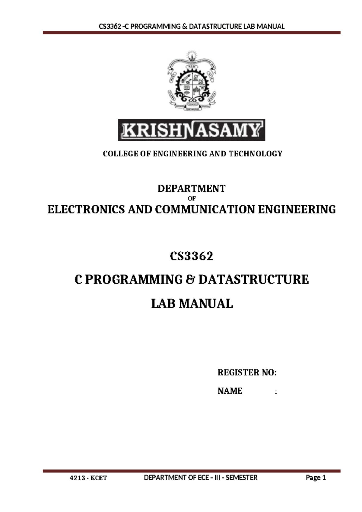 CS3362 C & DS LAB Final Exam Manual for Programming Data Structures ...