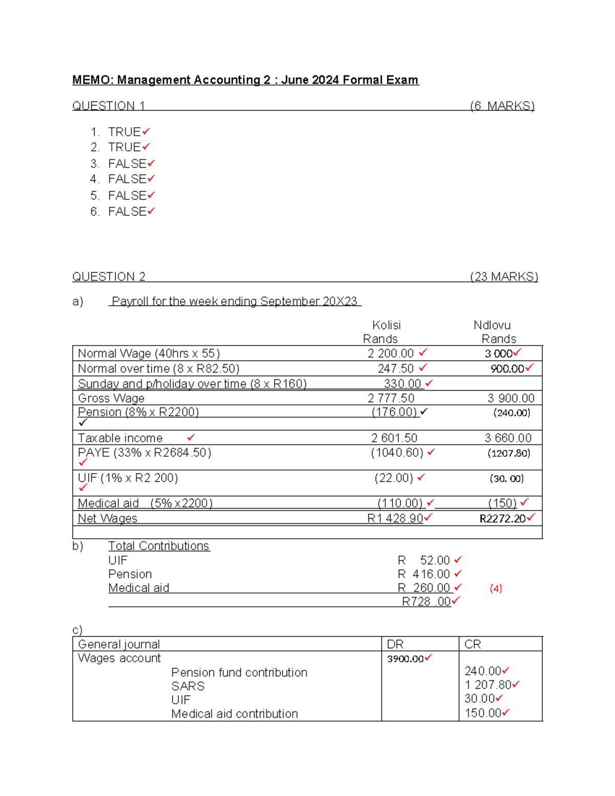 Management Accounting 2: June 2024 Formal Exam Memo - Studocu