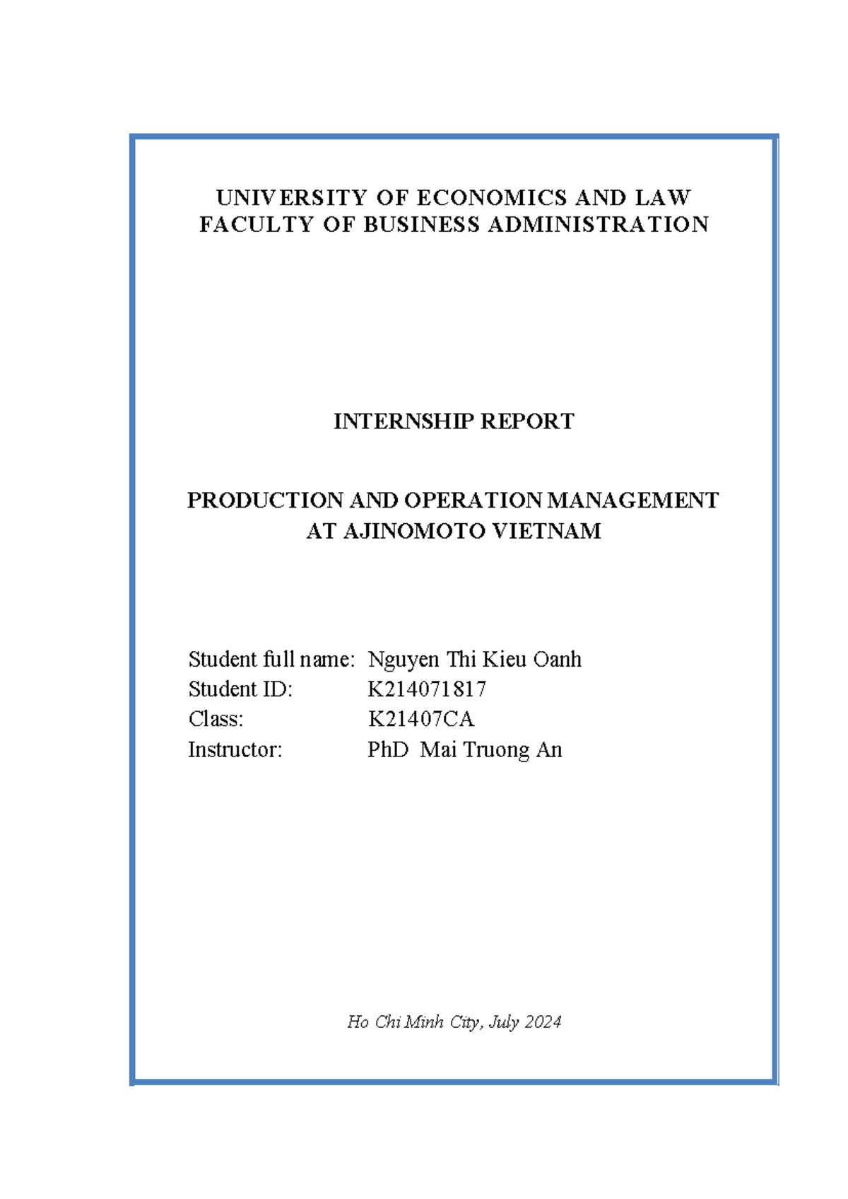 Internship Report: Production & Operation Management at Ajinomoto ...