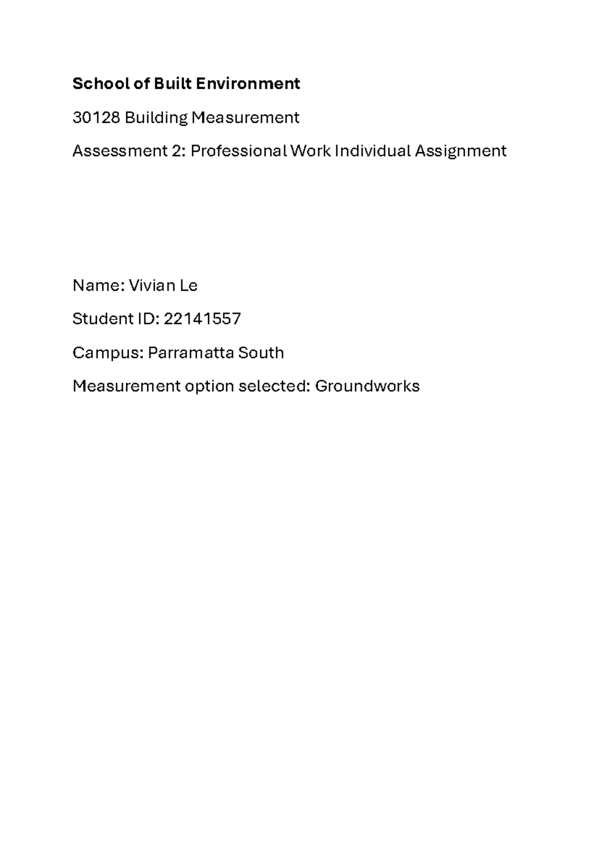 Building Measurement Assessment 2: Groundworks for 30128 - Studocu
