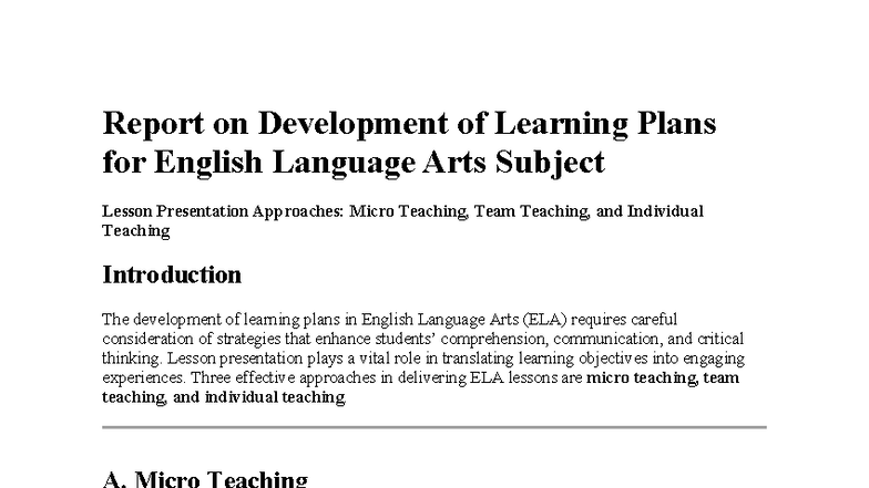 Development of Learning Plans for ELA: Lesson Presentation Approaches ...