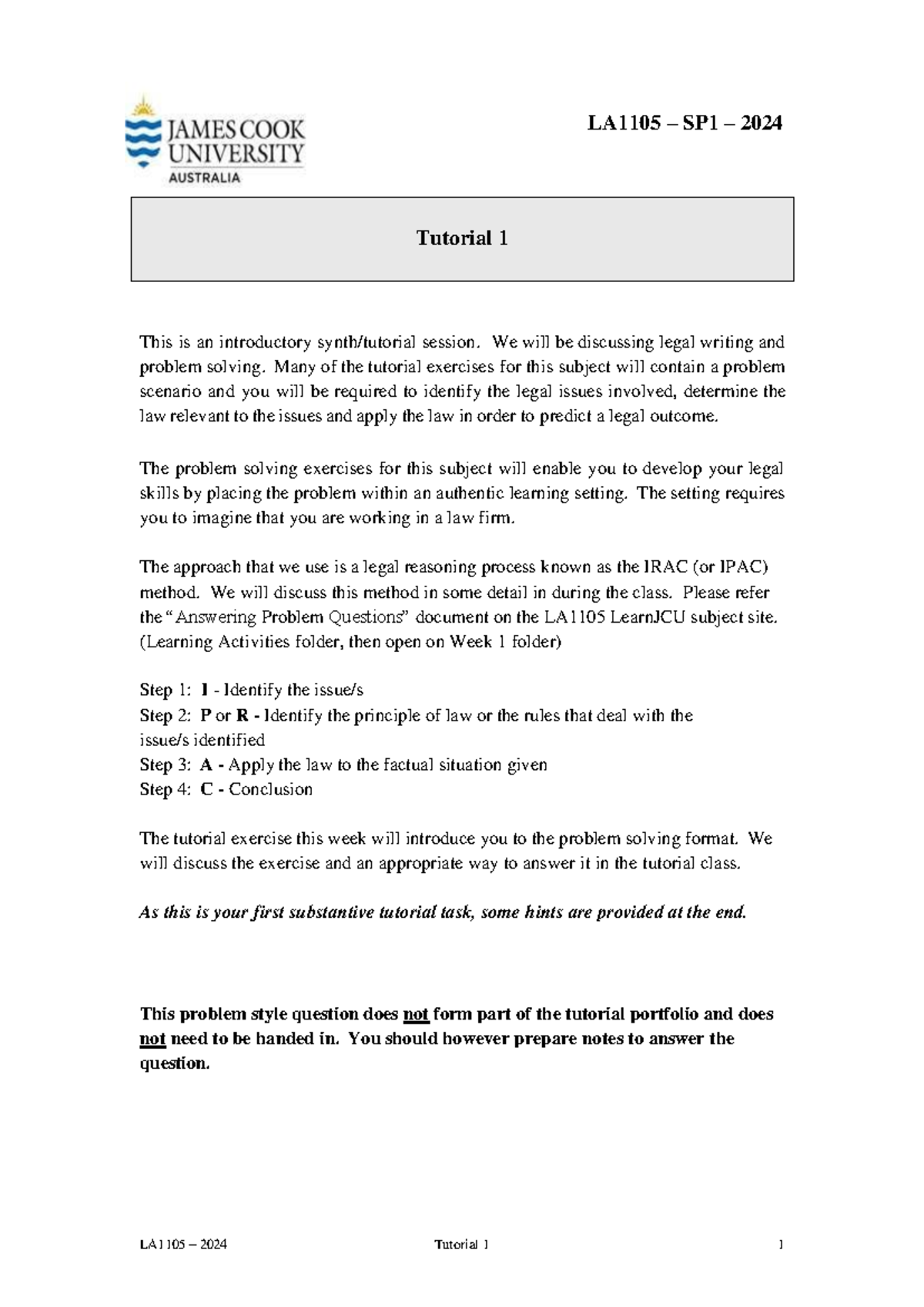 LA1105 - Tutorial 1 - 2024 - LA1105 – 2024 Tutorial 1 1 LA1105 – SP1 ...