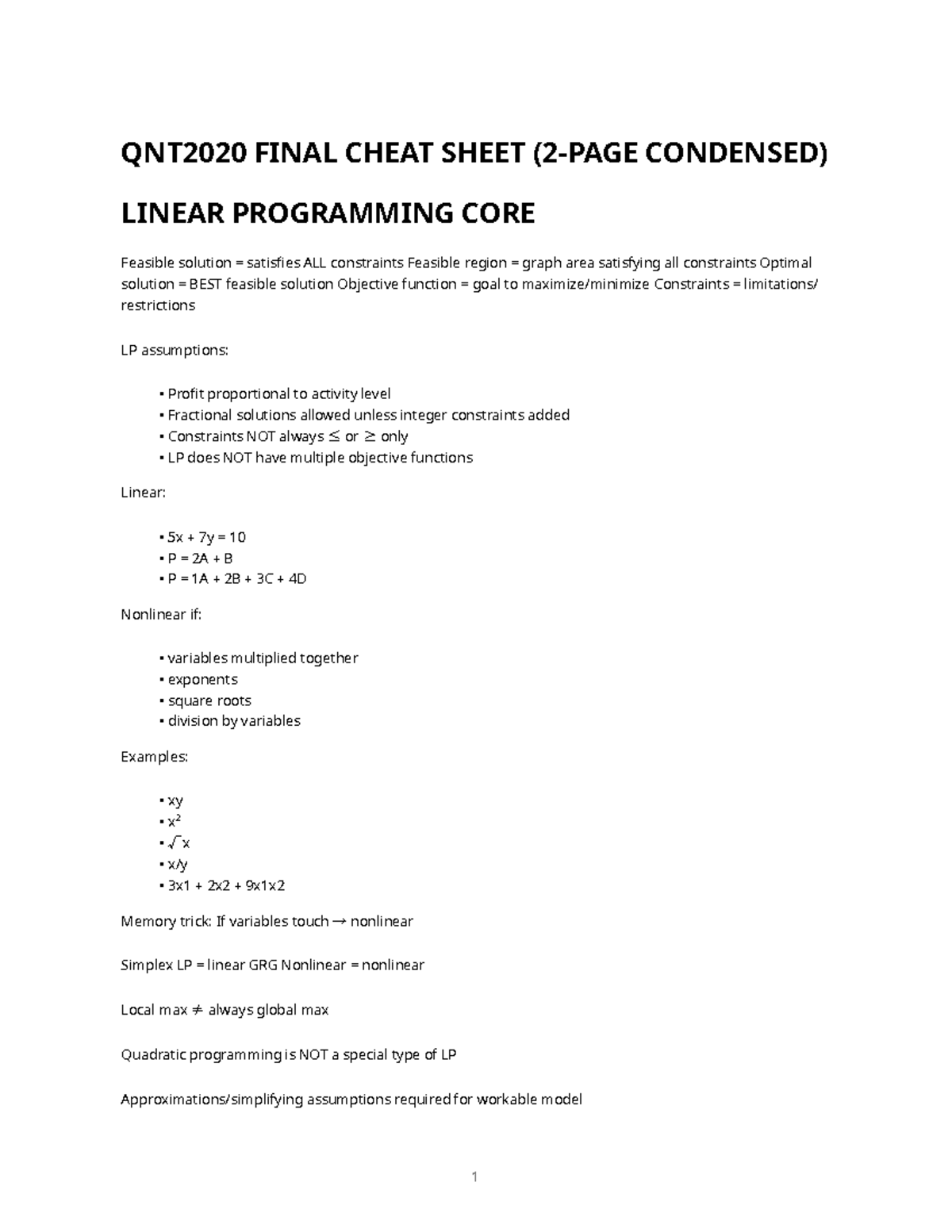 QNT2020 Final Exam Cheat Sheet: Linear Programming Essentials - Studocu