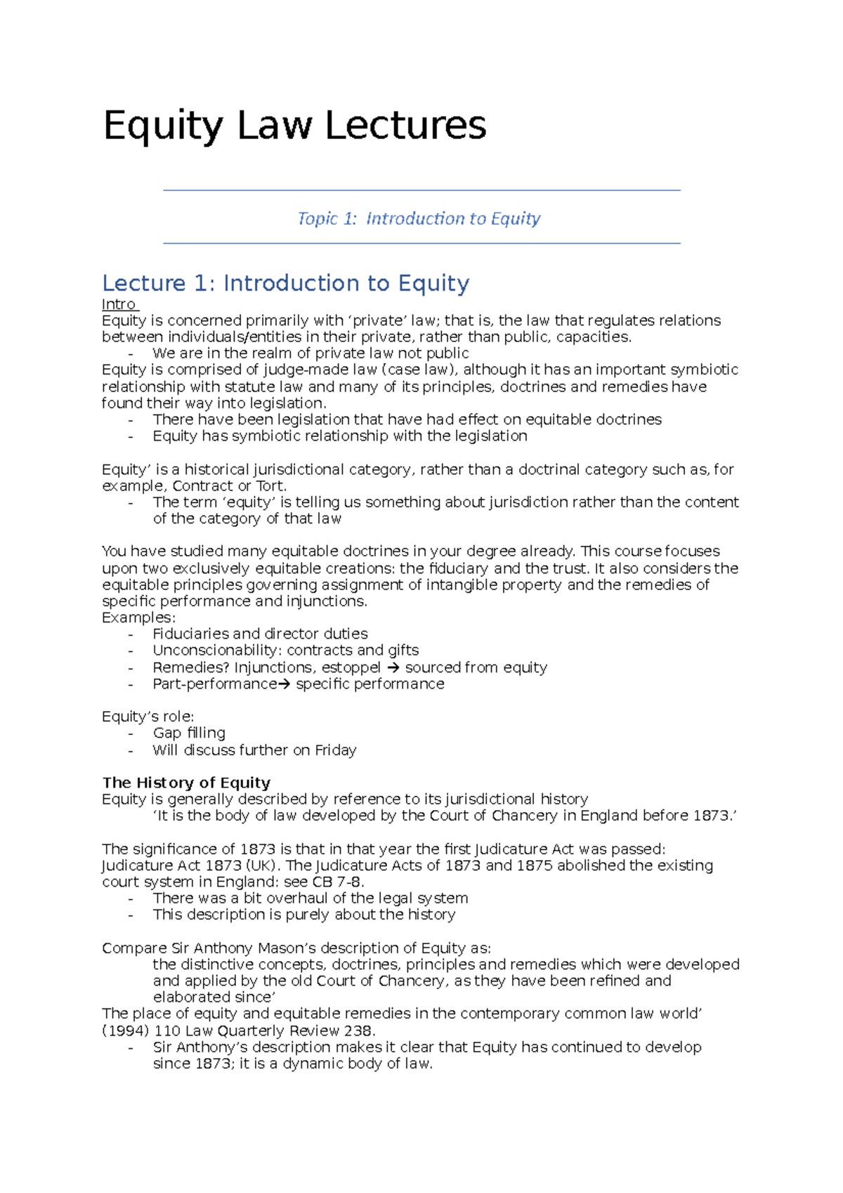 Equity and Trusts Law: Lecture Series Overview and Key Concepts - Studocu