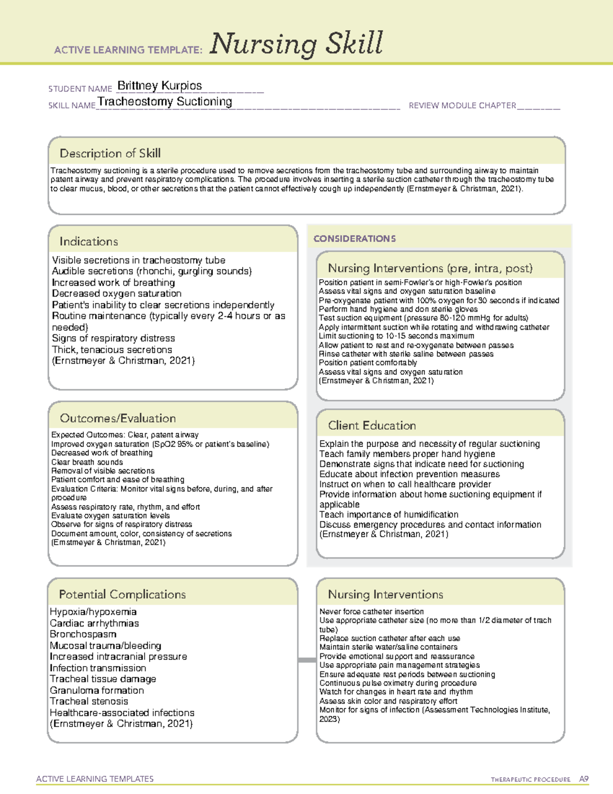 ACTIVE LEARNING TEMPLATE: Nursing Skill A9 - Tracheostomy Suctioning ...