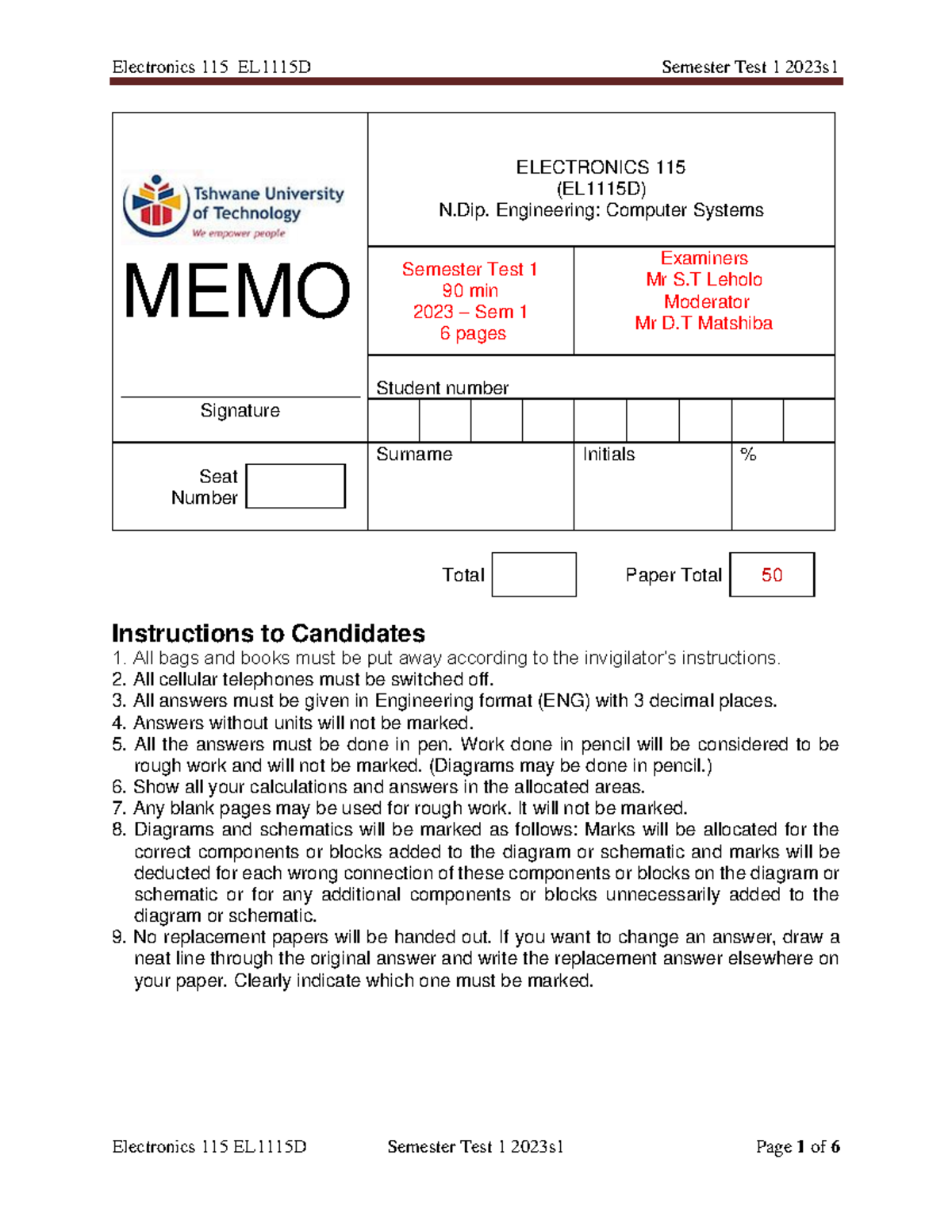 Electronics 115 Semester Test 1 2023s1 Memo and Solutions - Studocu