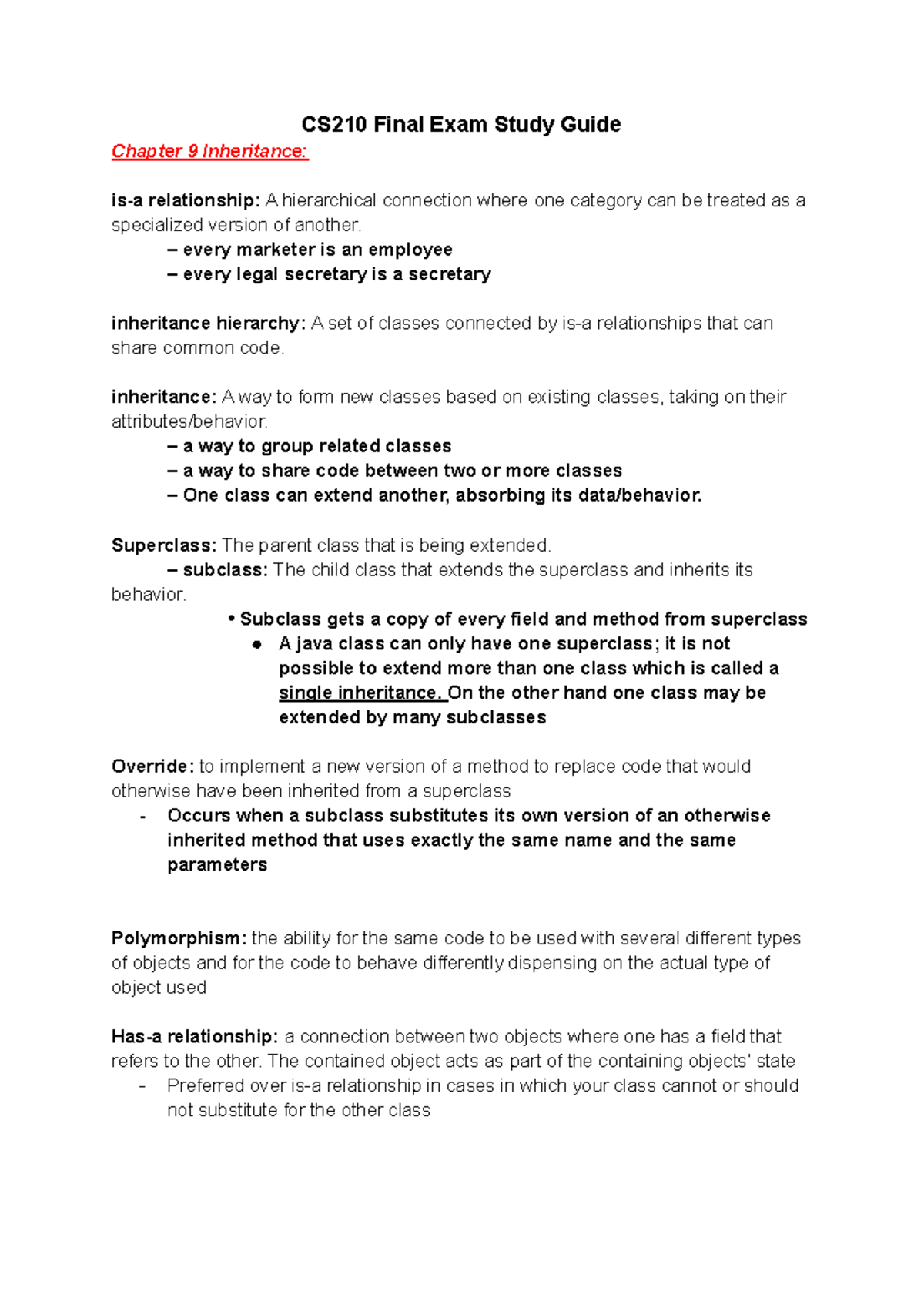 CS 210 Final Exam Study Guide - Chapter 9: Inheritance Concepts - Studocu