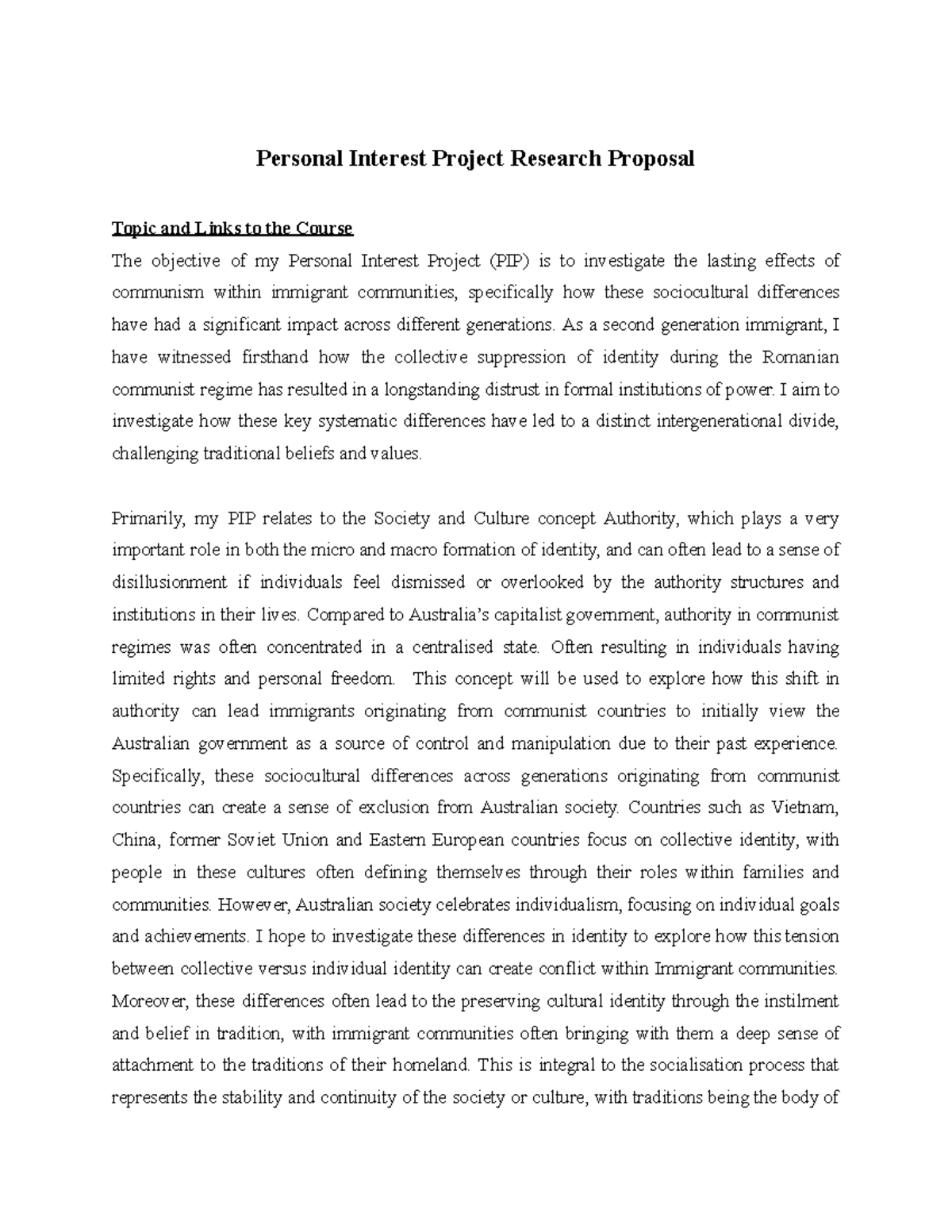 Personal Interest Project Research Proposal - As a second generation ...
