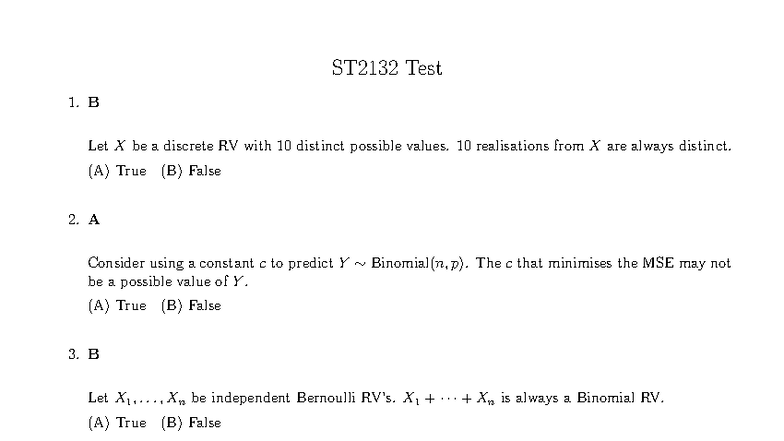 AY25/26 Midterms - ST2132 Test 1. B Let X be a discrete RV with 10 ...