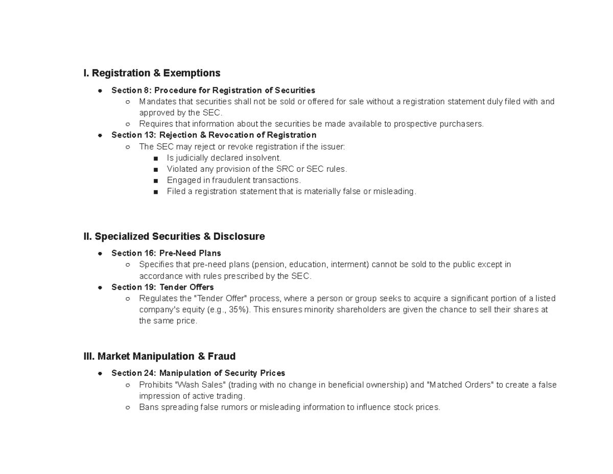 SRC Reviewer: Summary of Securities Regulation Code Sections and ...