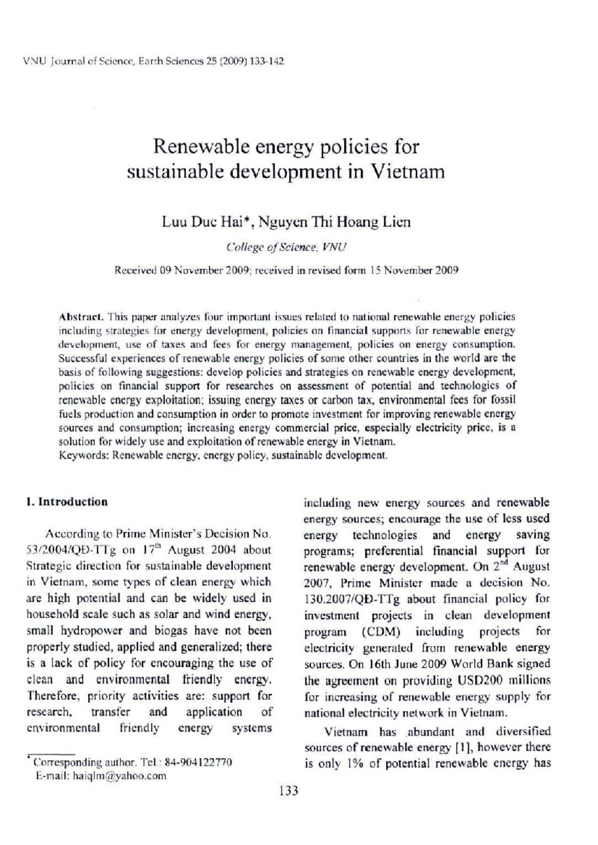 Renewable Energy Policies for Sustainable Development in Vietnam (ES 25 ...