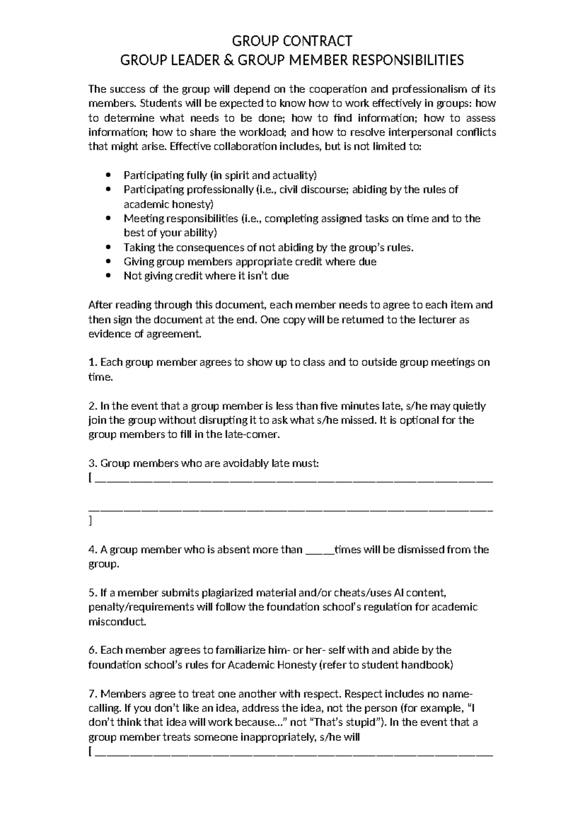 Group Contract: Leader & Member Responsibilities Guide - Studocu