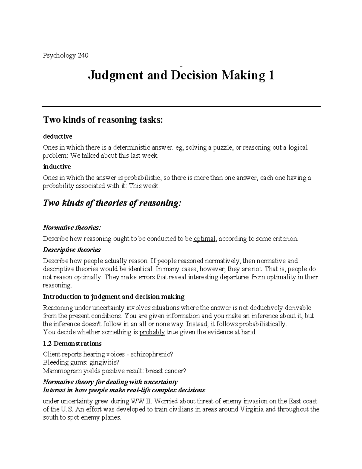 Lecturenotes 22 Judgment and Decision Making 1 - Psychology 240 ...