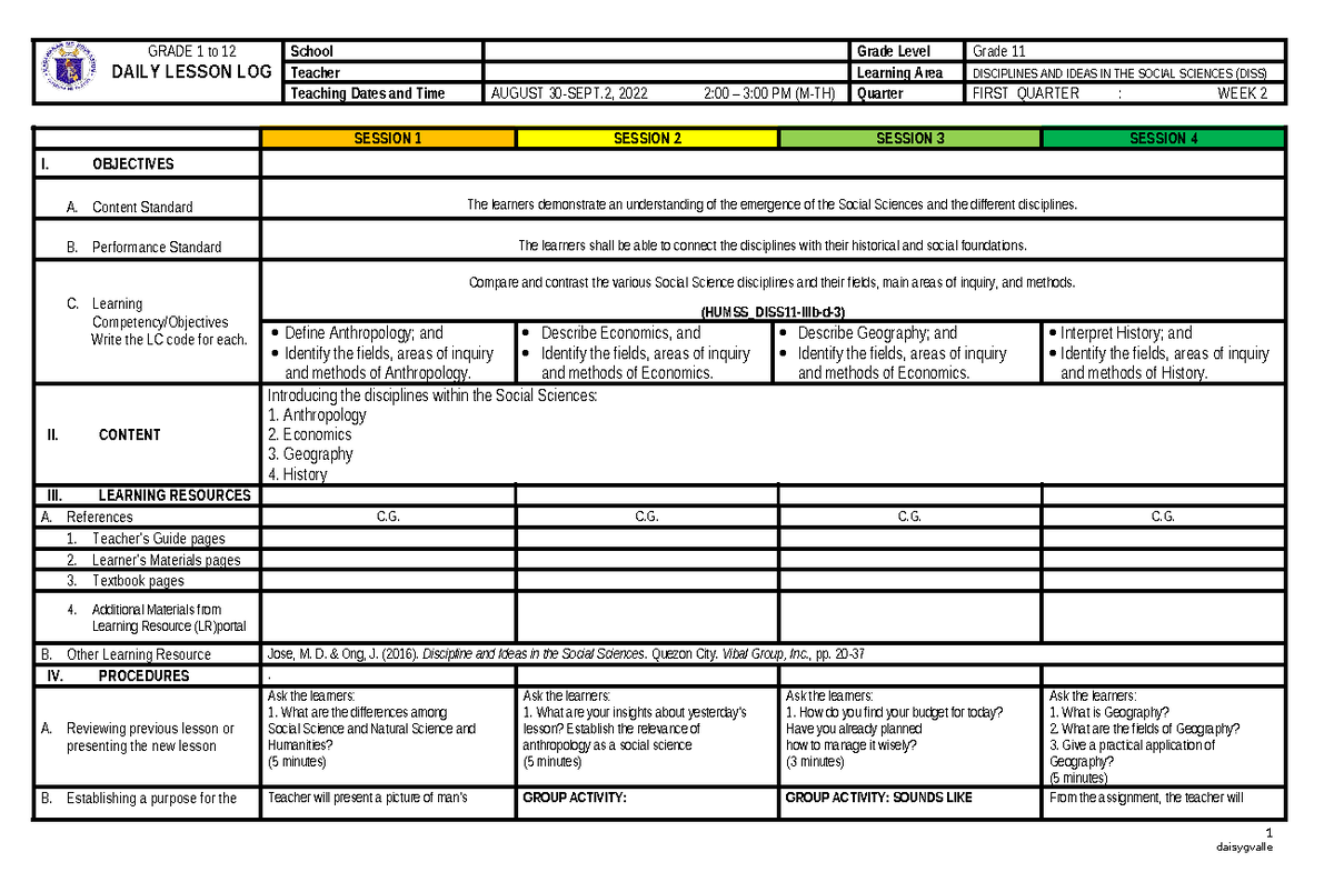 Week 2 Detailed Lesson Plan for Grade 11 DISS - Social Sciences - Studocu