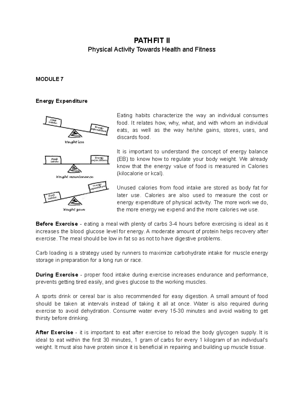 Pathfit II Module 7: Energy Expenditure & Eating Habits for PE - Studocu