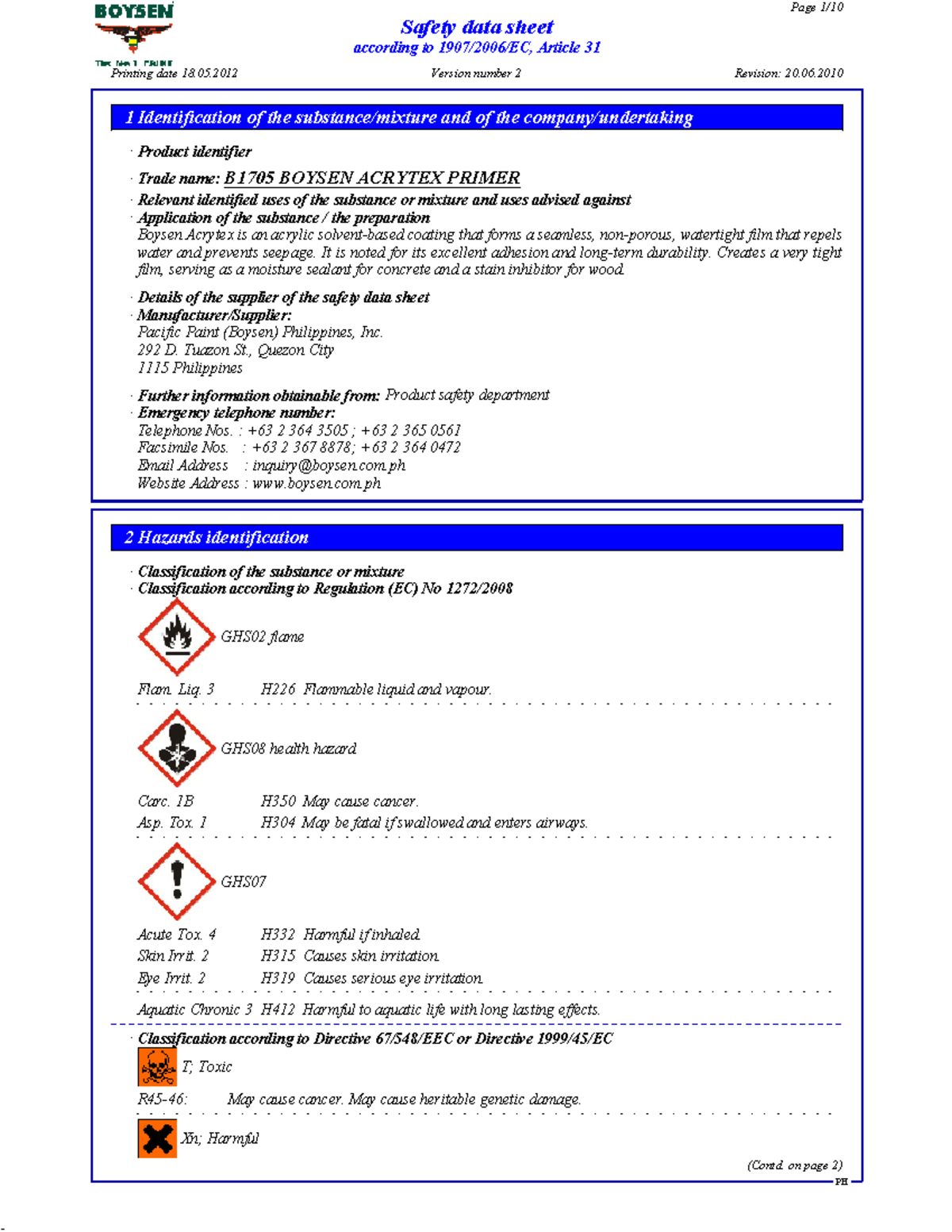 Safety Data Sheet for B1705 Boysen Acrytex Primer (Version 2) - Studocu