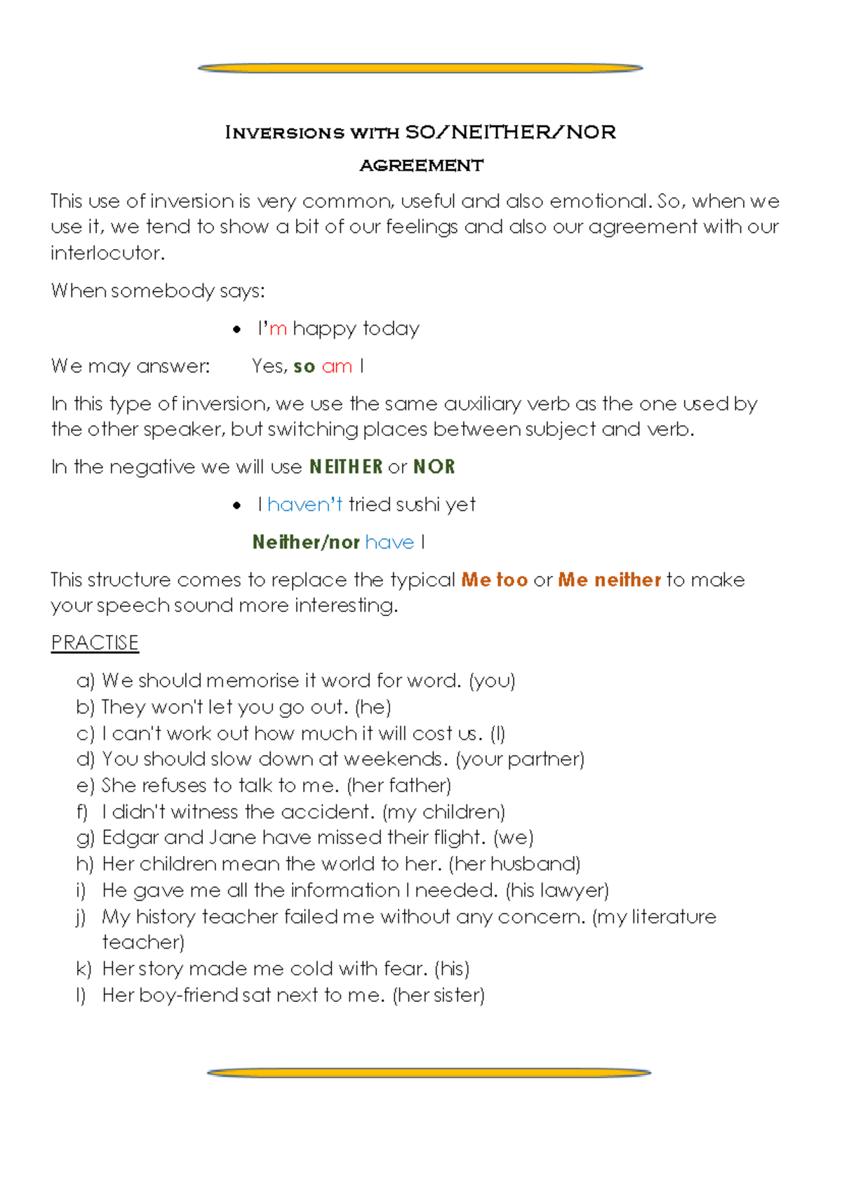 Inversions with SO -neither - Inversions with SO/NEITHER/NOR AGREEMENT ...