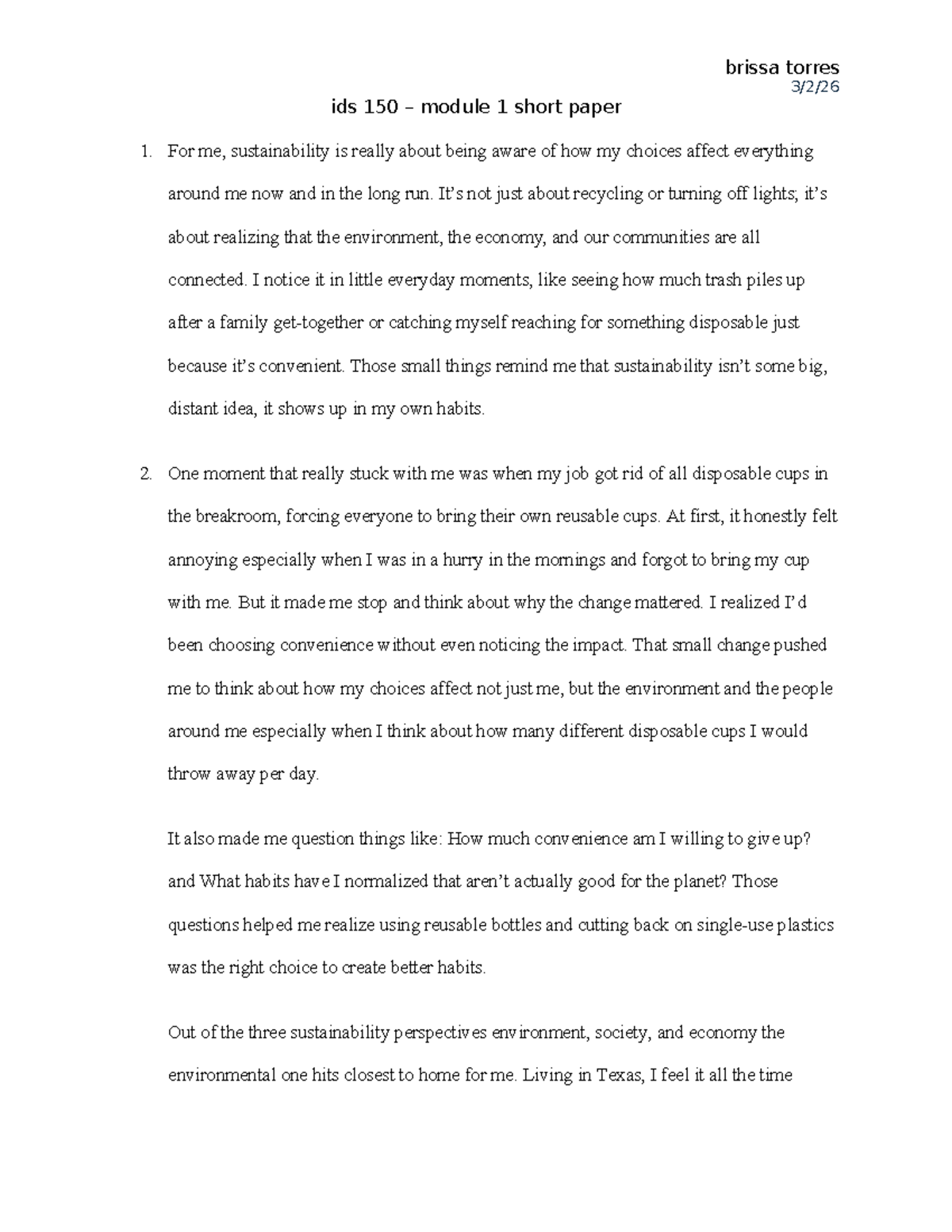 IDS 150 - Module 1 Short Paper on Personal Sustainability Insights ...