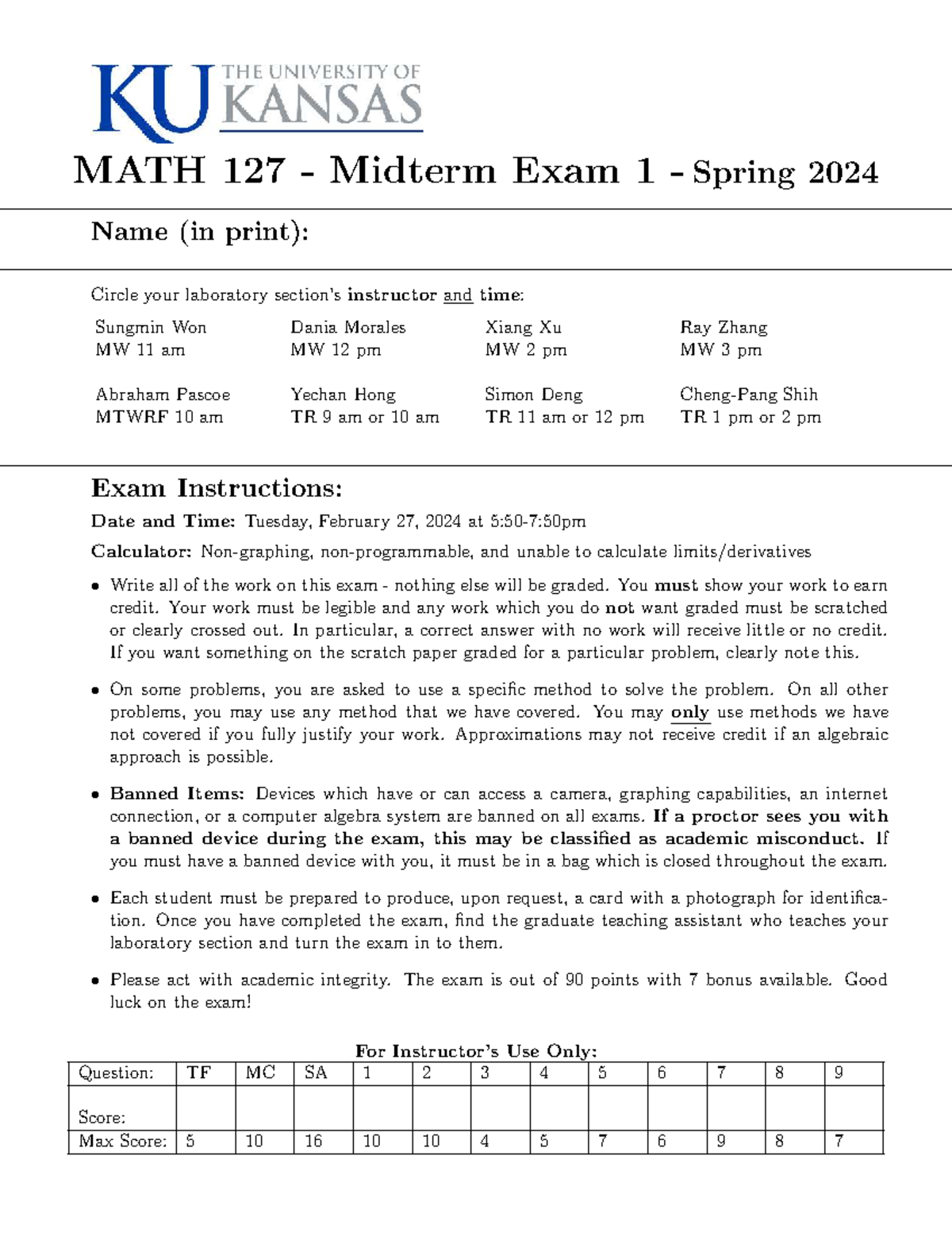 MATH 127 - Midterm Exam 1 Study Guide - Spring 2024 - Studocu