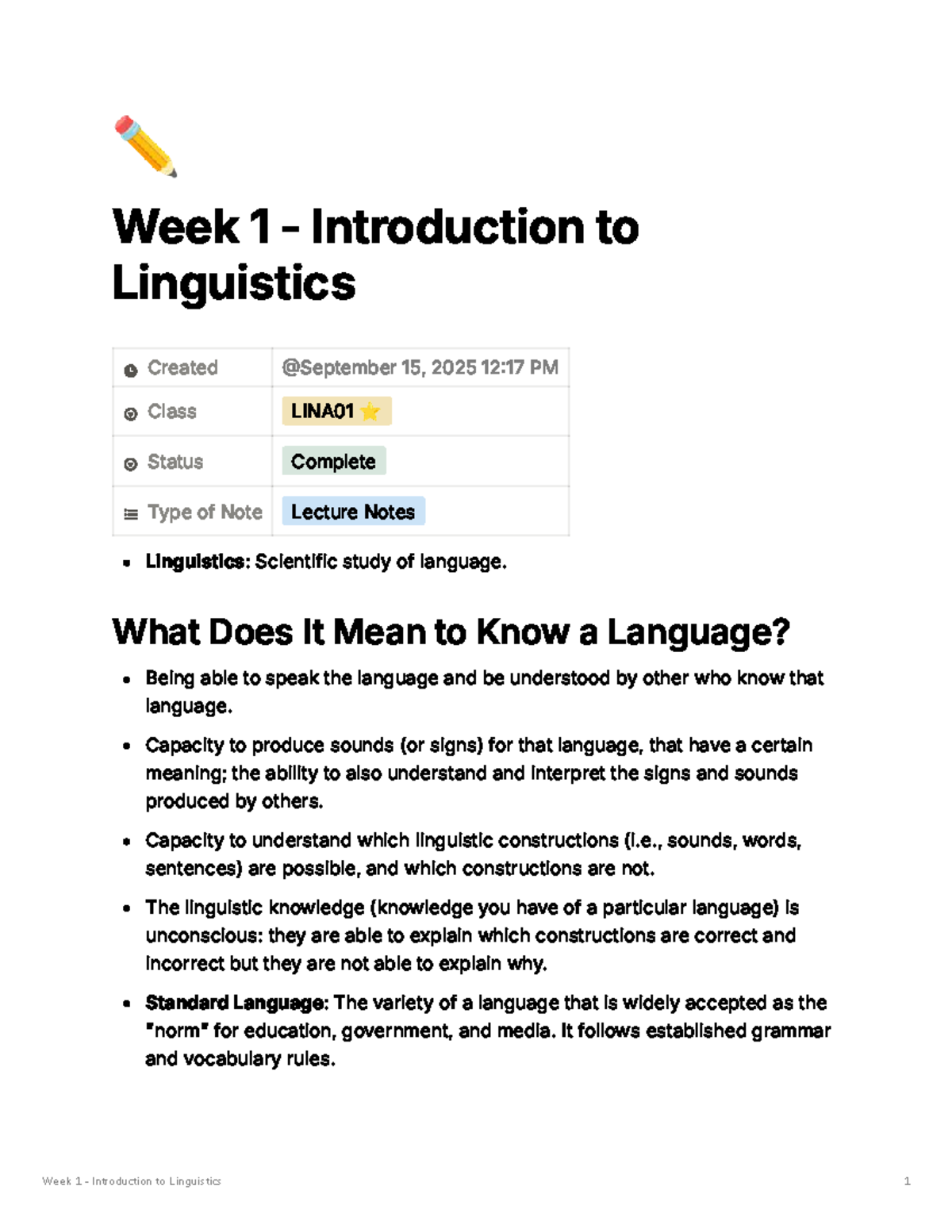 LINA01 Lecture 1: Introduction to Linguistics Overview - Studocu