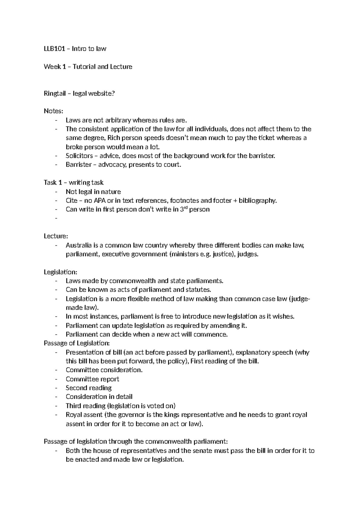 LLB101 Week 1 Tutorial & Lecture Notes on Legal Principles - Studocu