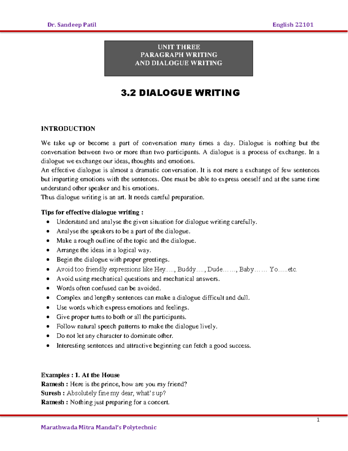 dialogue writing - 1 3 DIALOGUE WRITING INTRODUCTION We take up or ...