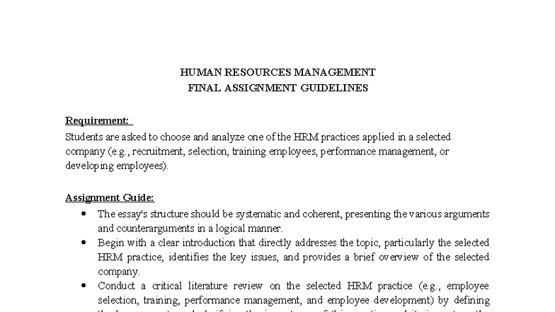 HRM 101: Final Assignment Guidelines on HRM Practices Analysis - Studocu