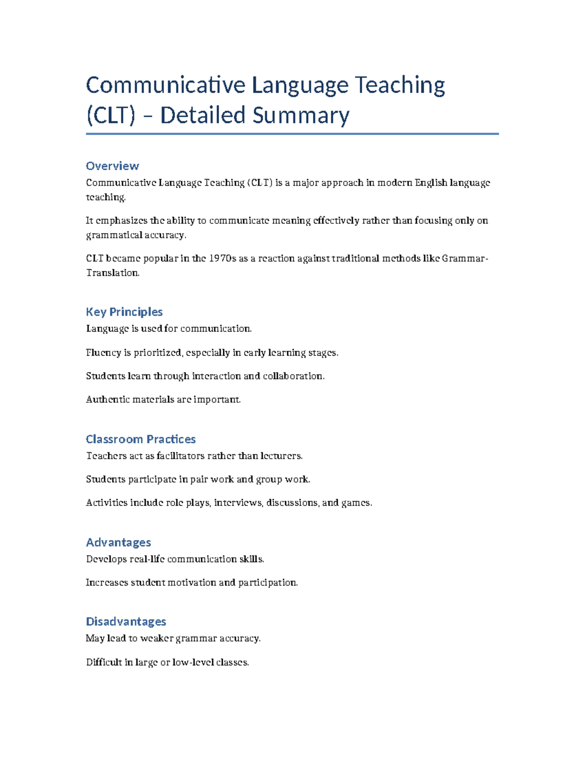 CLT 101: Overview of Communicative Language Teaching Principles - Studocu