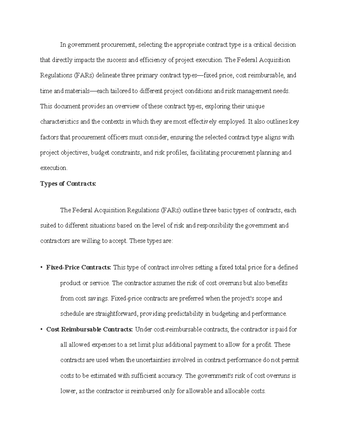 Government Procurement Contract Types Overview - Assignment 1 - Studocu