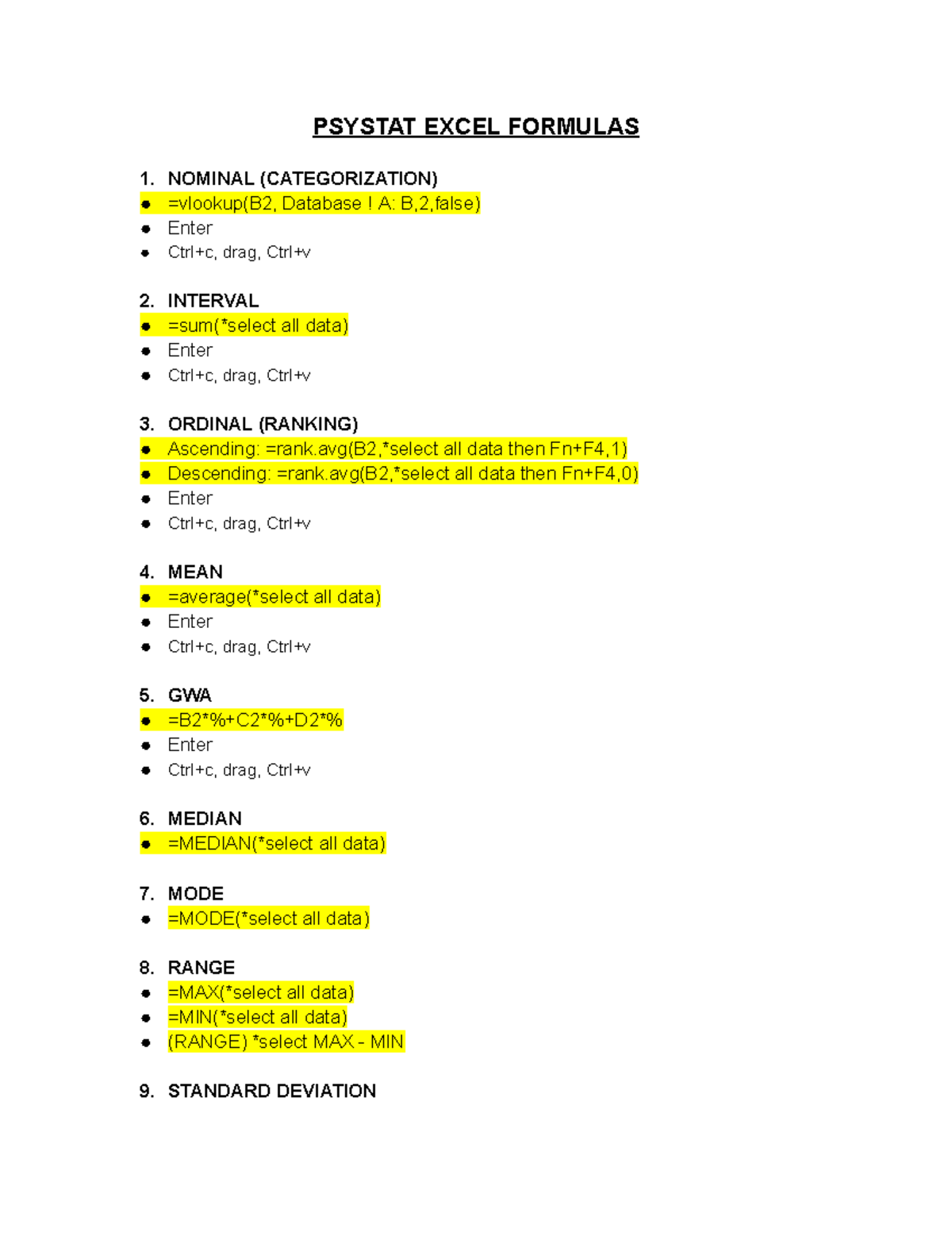 PSY101 Excel Formulas for Data Analysis and Statistics - Studocu