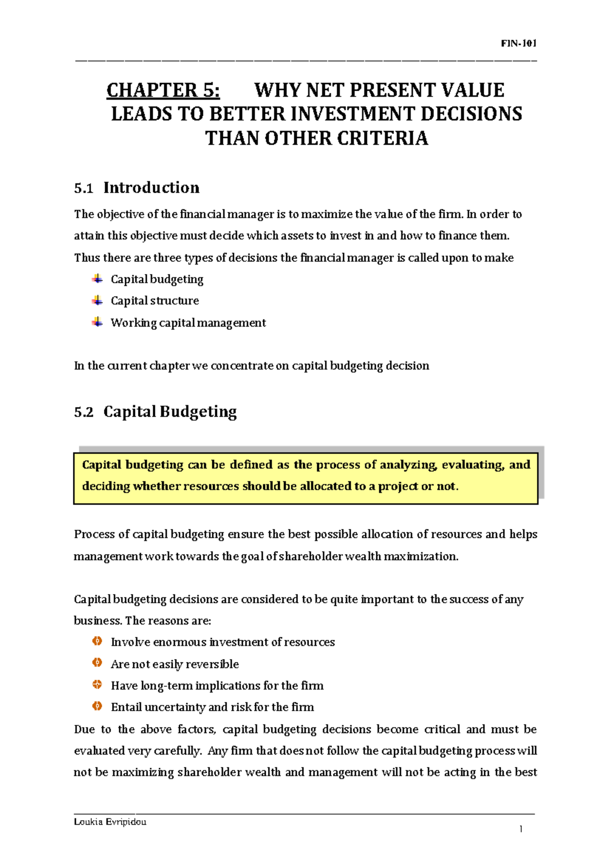 Chapter 5 FIN101 A - NPV and Capital Budgeting Insights - Studocu