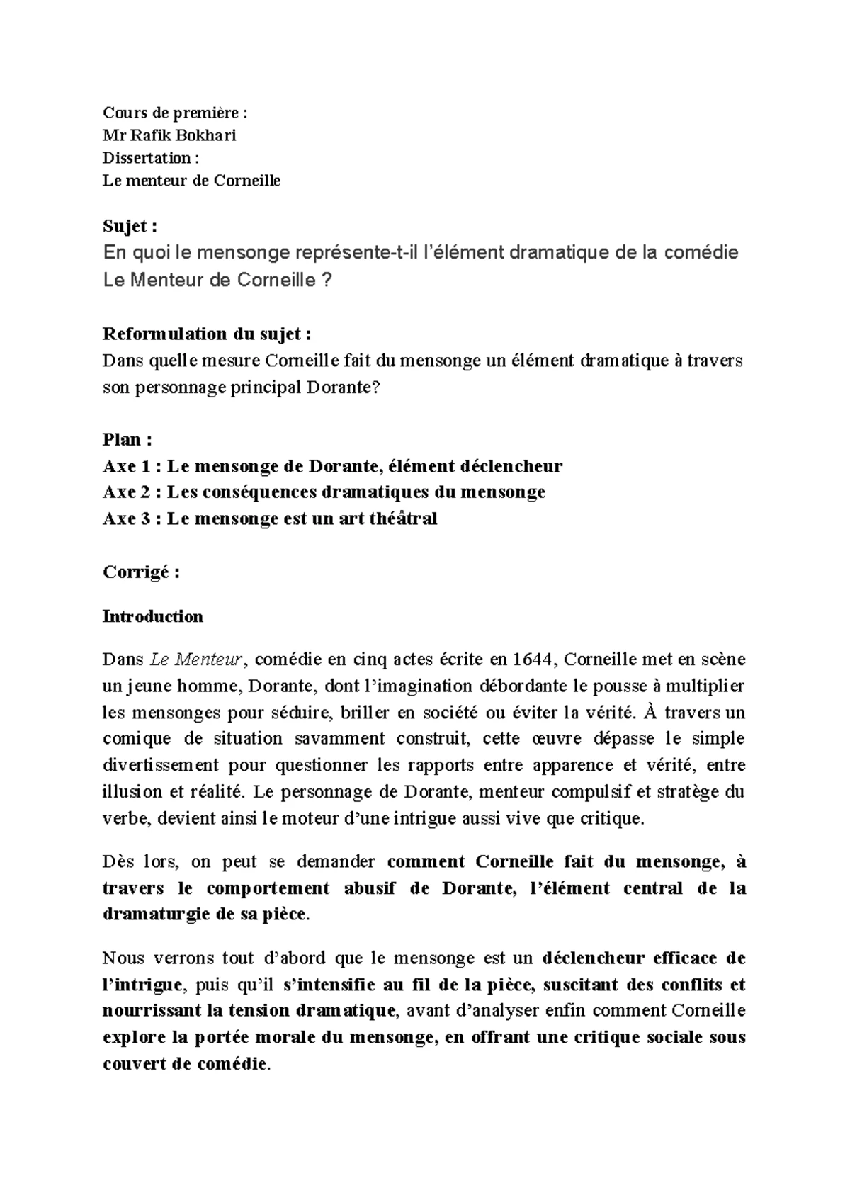 Analyse linéaire de "Le Menteur" Acte 2, Scène 5 - Cours de Première