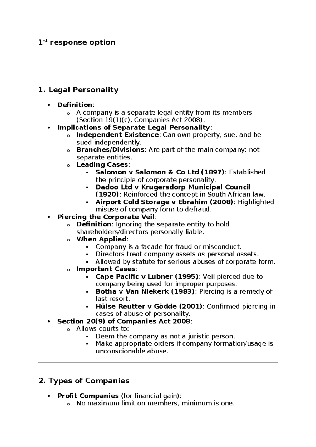 CLW 102 - Legal Personality, Company Types & Formation Overview - Studocu