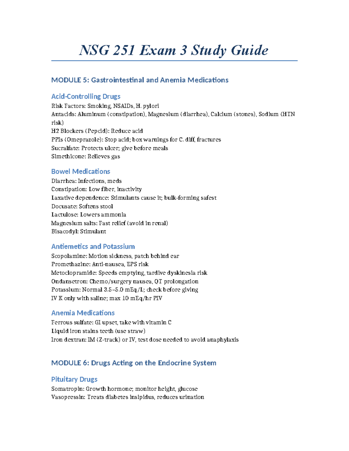 NSG 251 Exam 3 Study Guide: GI & Anemia Medications Overview - Studocu