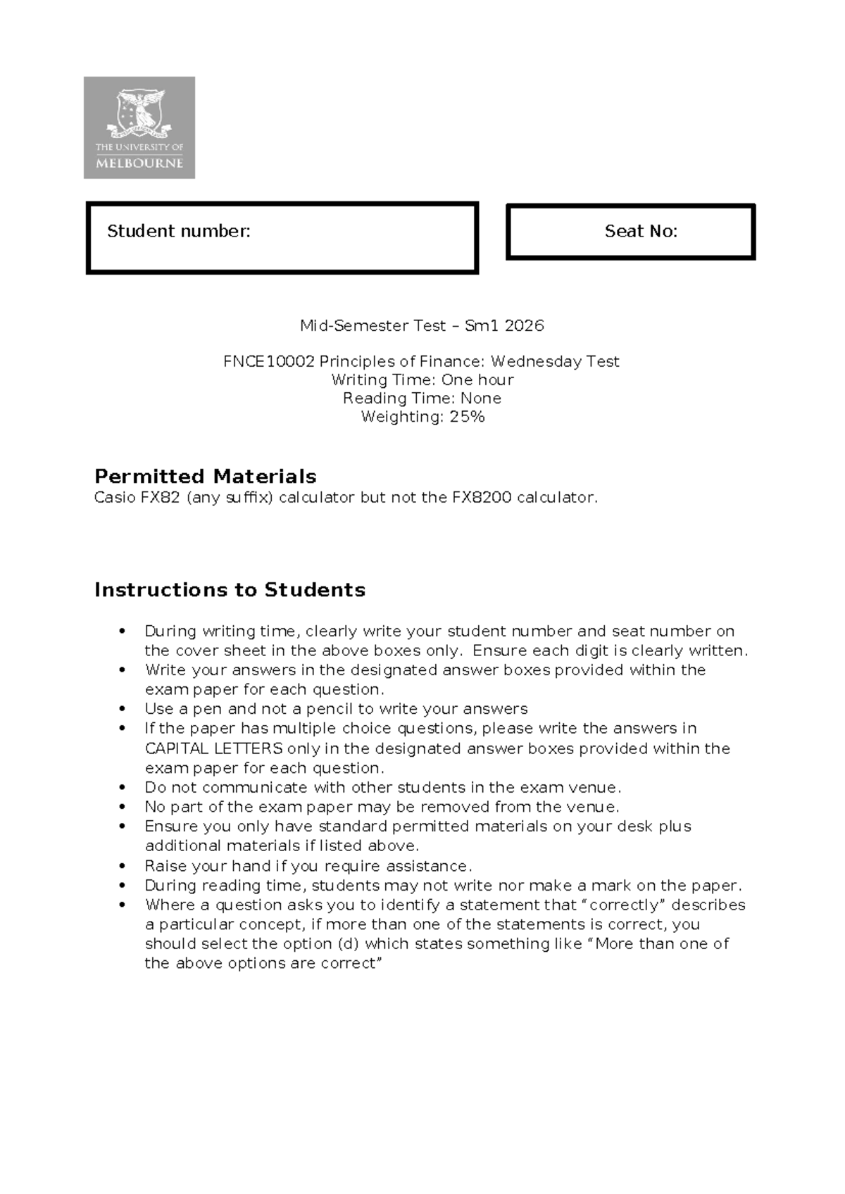 2026 MST Principles of Finance: Test with Solutions - Studocu