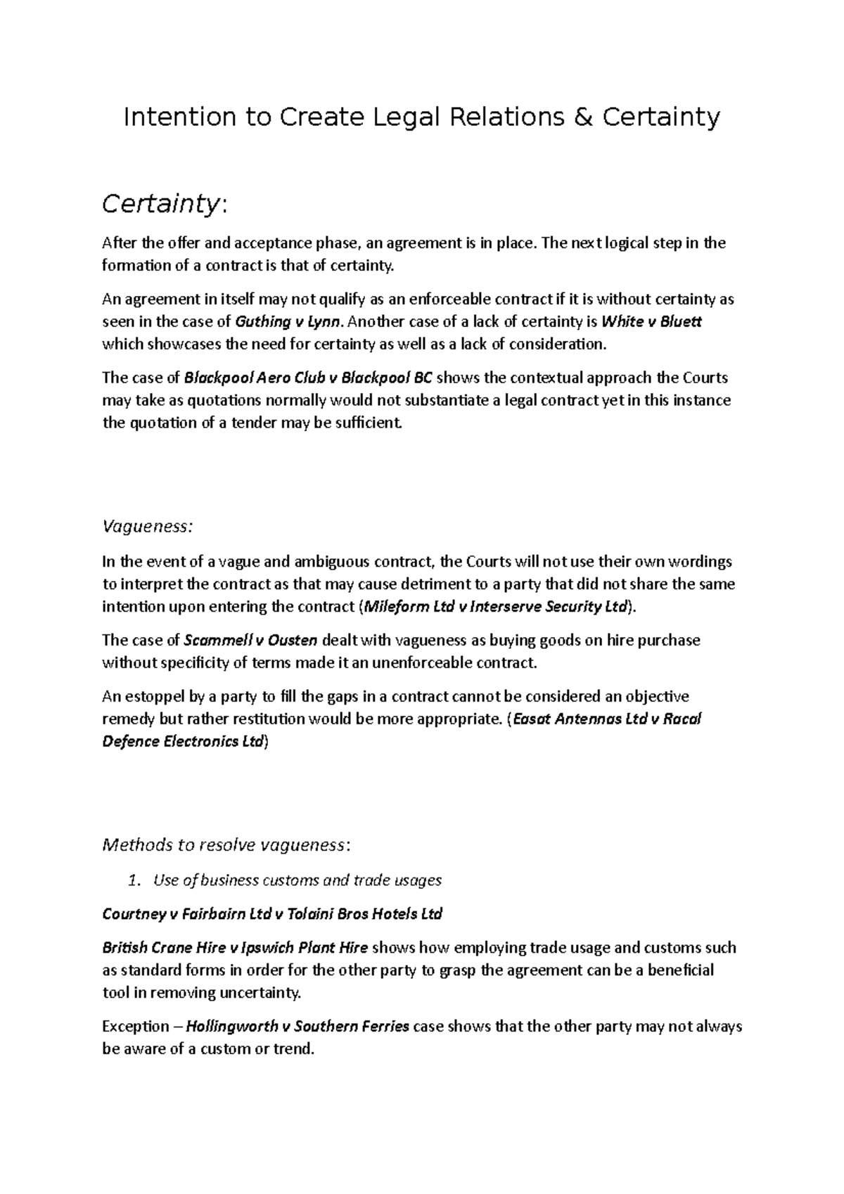Certainty & Intention to Create Legal Relations: Key Notes - Studocu