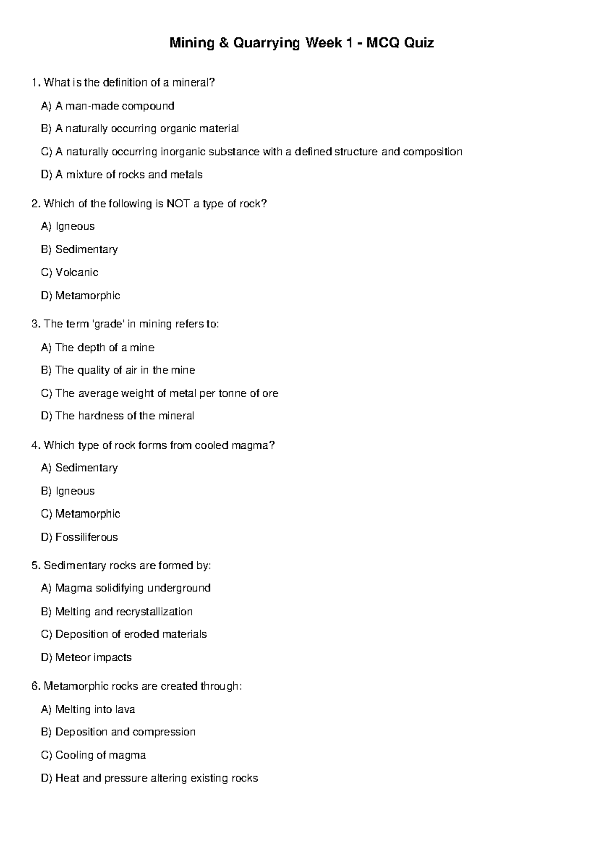 Mining Quarrying Week 1 MCQ Quiz Practice Questions and Answers - Studocu