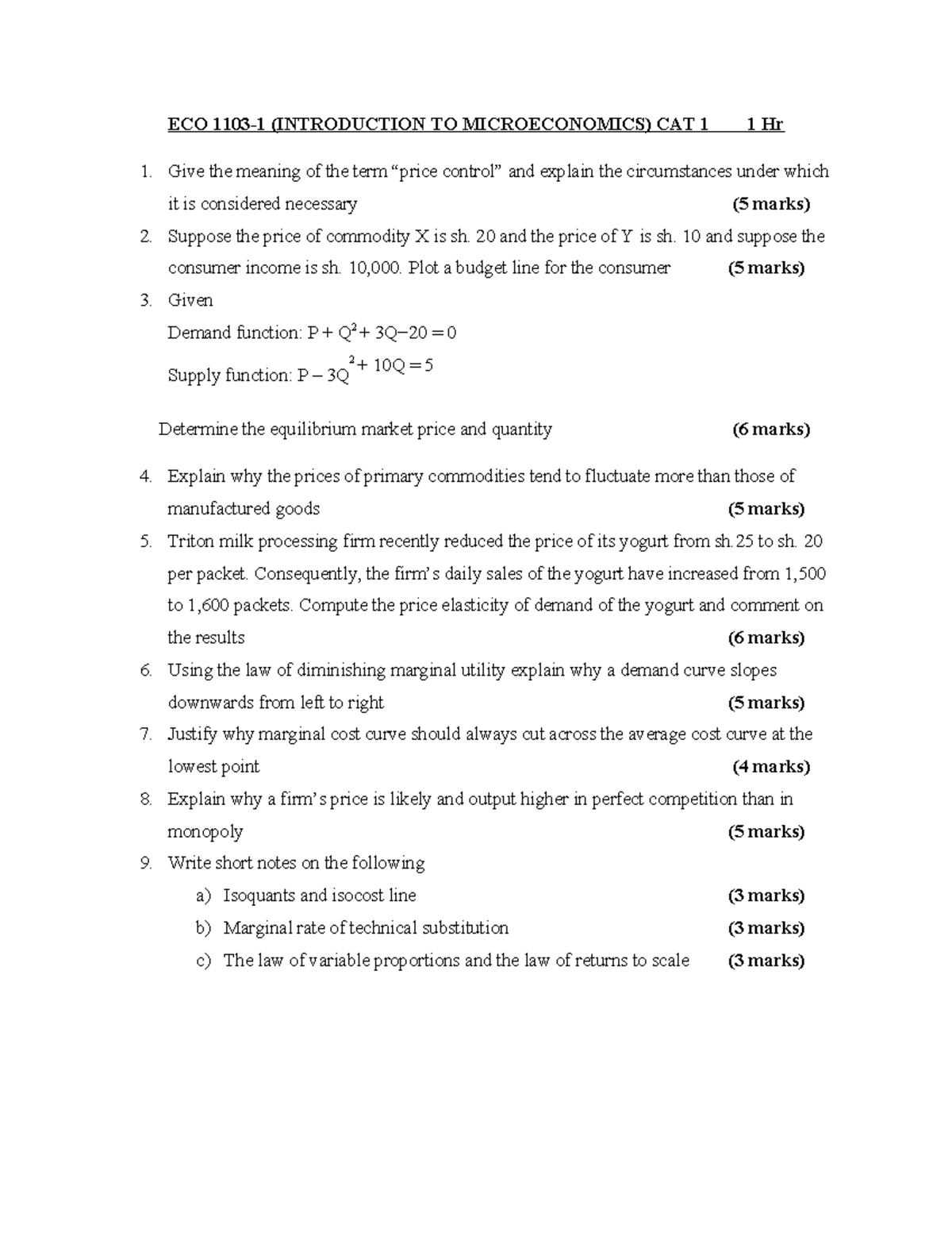 ECO 1103-1 Microeconomics CAT 1 Study Guide and Solutions - Studocu