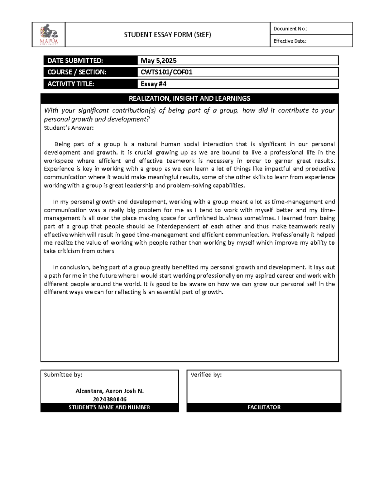 CWTS001 Essay: Realization, Insight, and Learnings on Group Dynamics ...