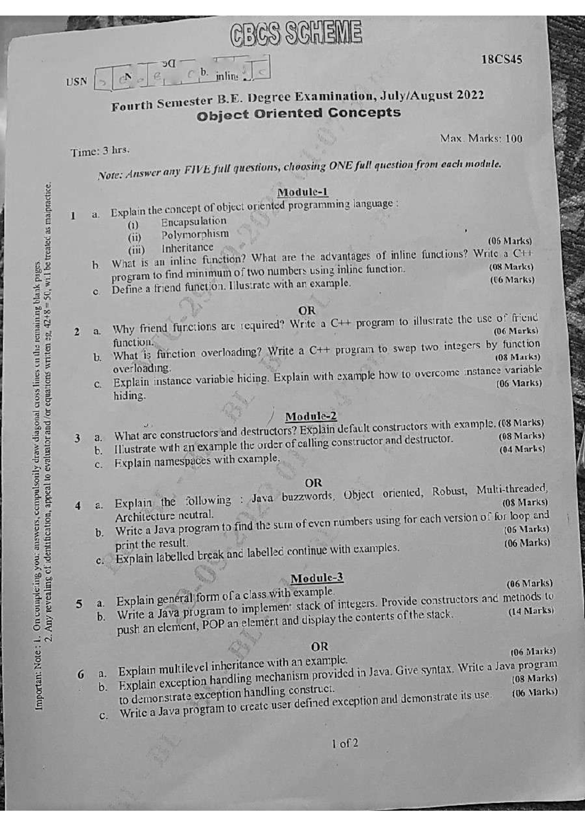 18CS45 JULY-AUG 2022 Question Paper - Object oriented concepts - Studocu