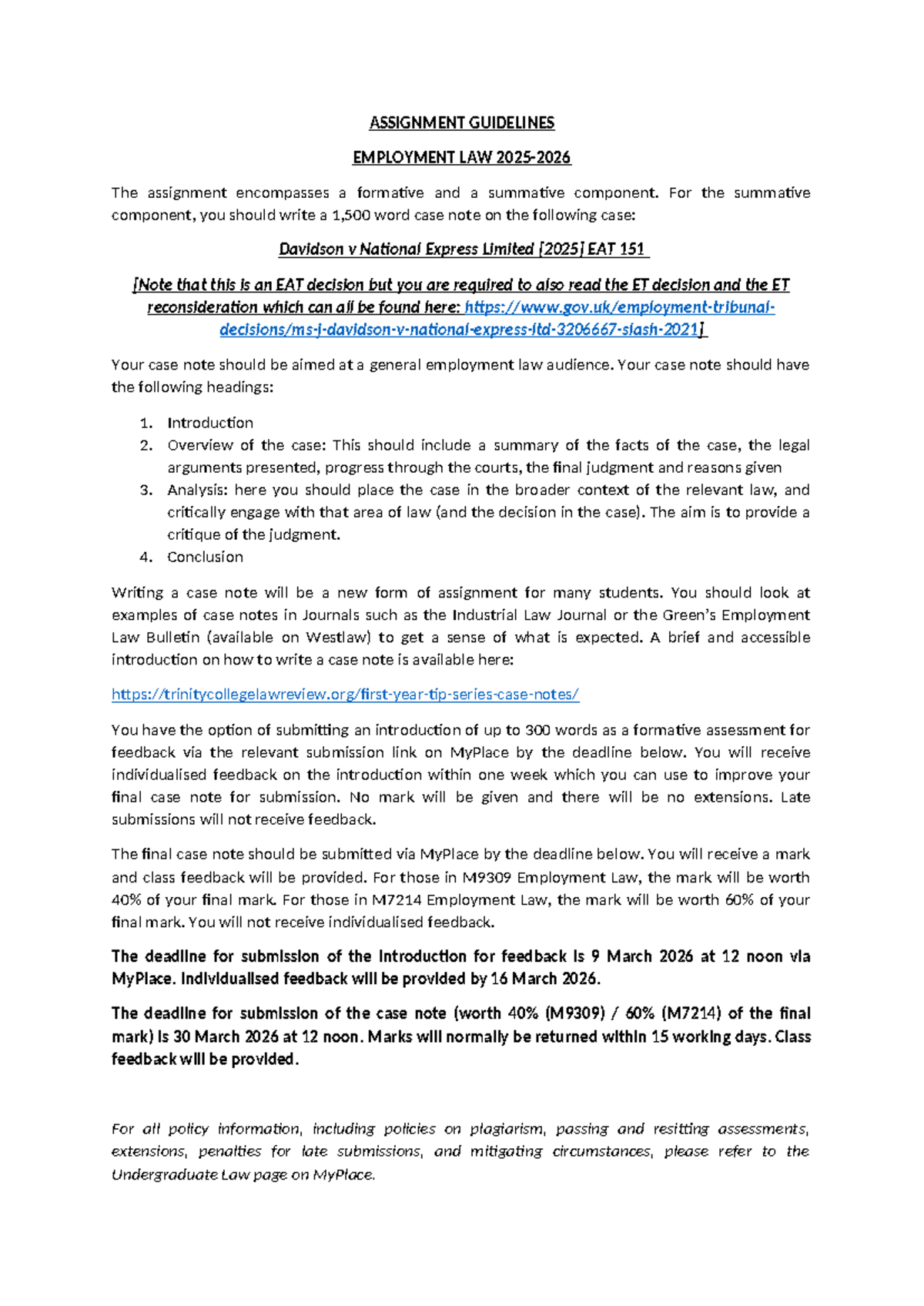 M7214-M9309 Case Note Guidelines: Davidson v National Express EAT 151 ...