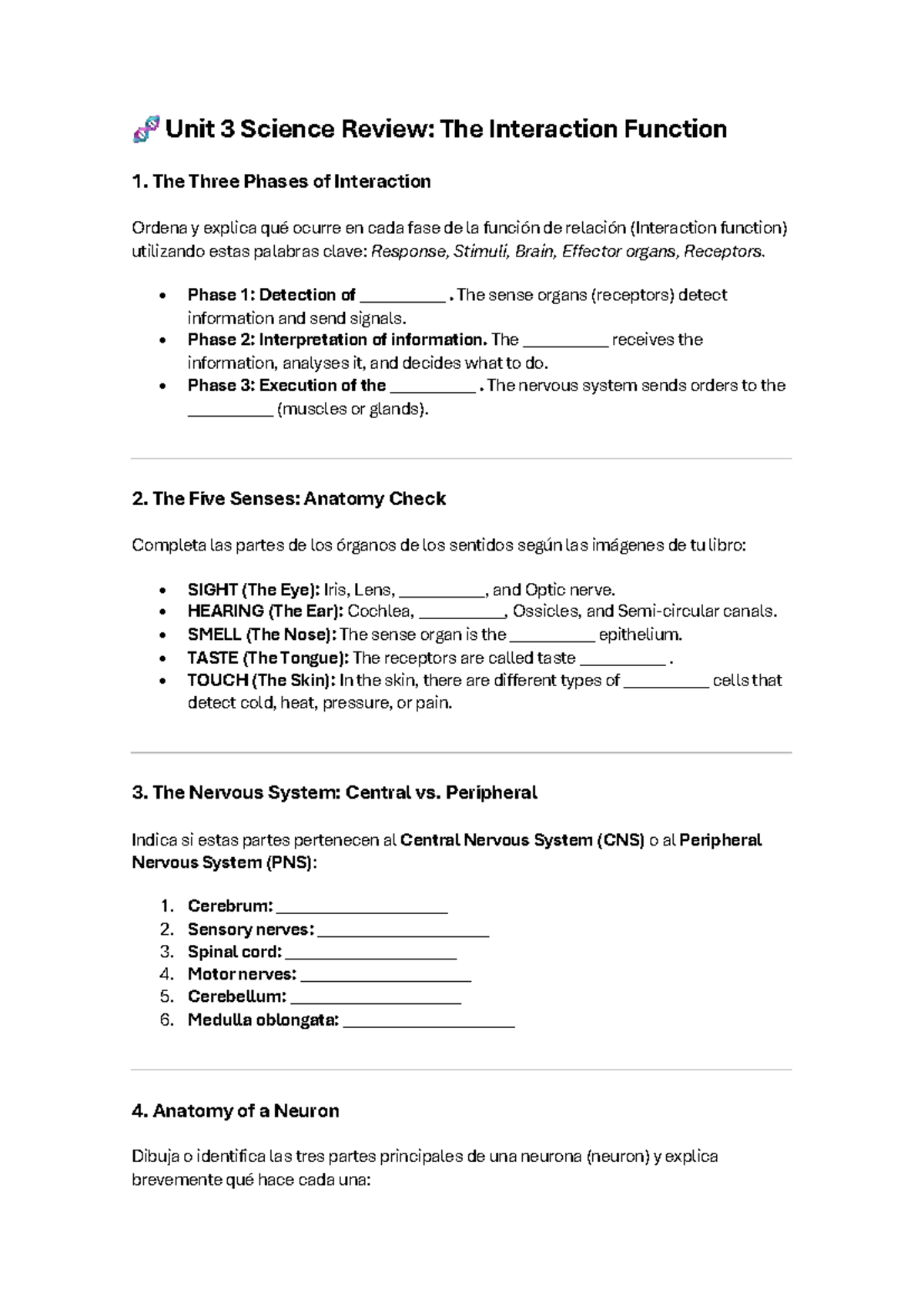 Unit 3 Science Review: Interaction Function & Nervous System - Studocu
