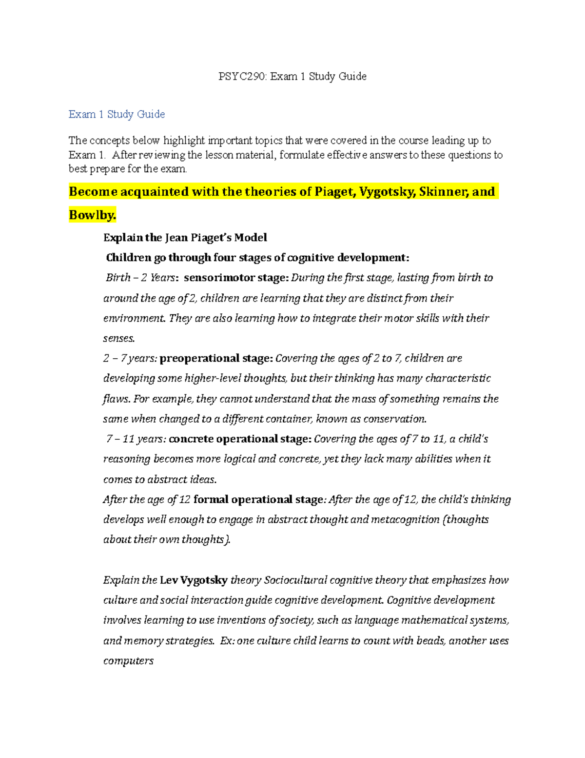 PSYC290 Exam 1 Comprehensive Study Guide for Key Theories & Concepts ...