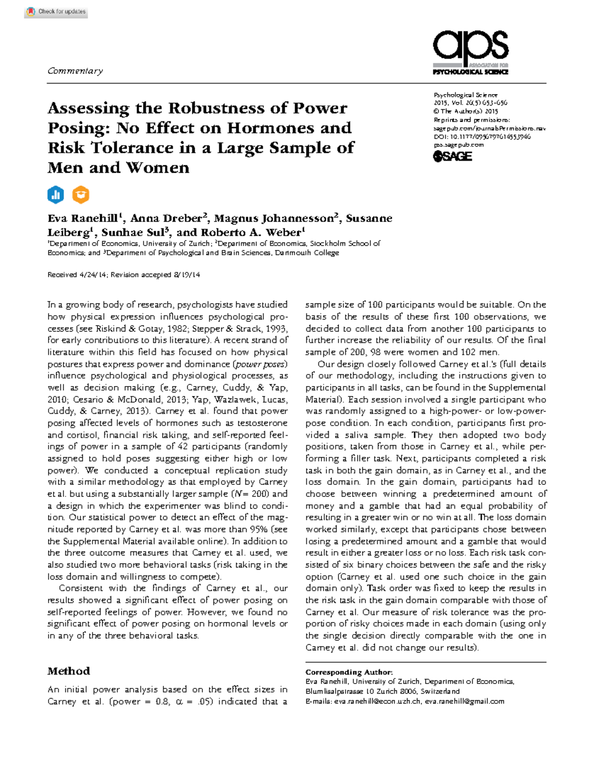 Assessing Power Posing Effects: Hormones and Risk Tolerance Study 2015 ...